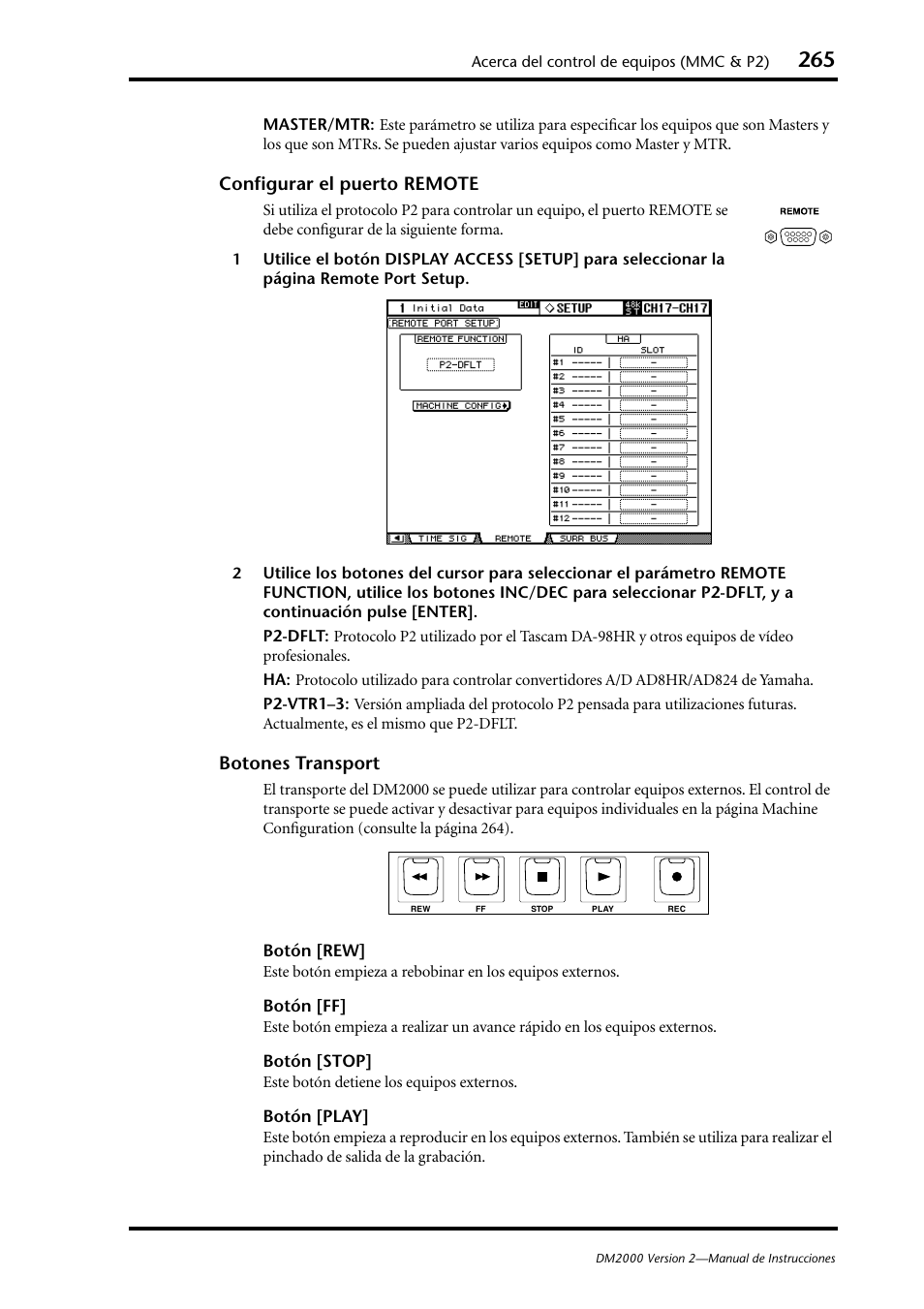 Configurar el puerto remote, Botones transport | Yamaha DM 2000 User Manual | Page 265 / 410