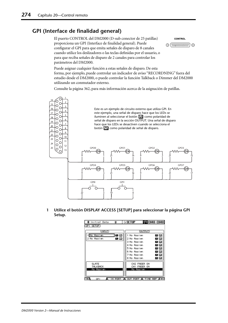 Gpi (interface de finalidad general), Capítulo 20—control remoto | Yamaha DM 2000 User Manual | Page 274 / 410