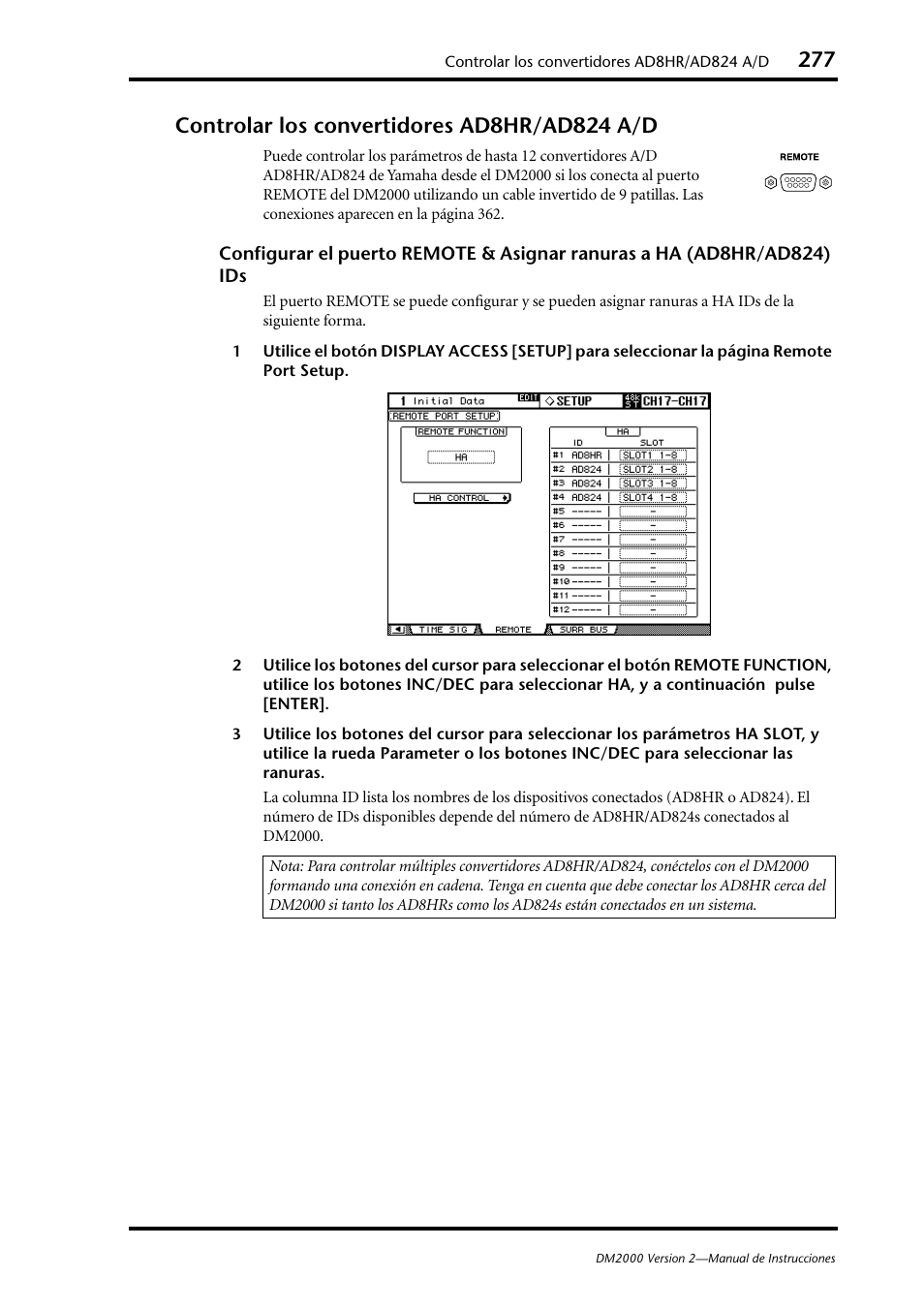 Controlar los convertidores ad8hr/ad824 a/d | Yamaha DM 2000 User Manual | Page 277 / 410