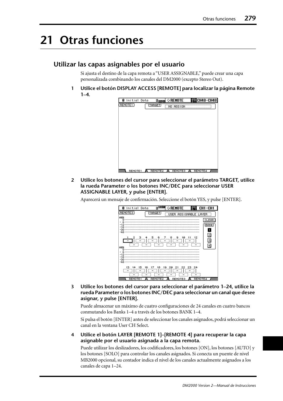 21 otras funciones, Utilizar las capas asignables por el usuario | Yamaha DM 2000 User Manual | Page 279 / 410