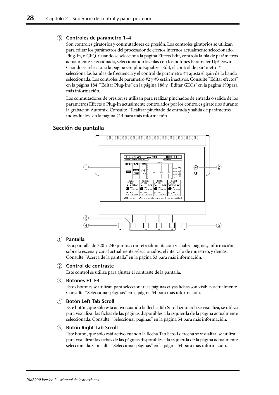 Sección de pantalla (p. 28), Sección de pantalla a | Yamaha DM 2000 User Manual | Page 28 / 410