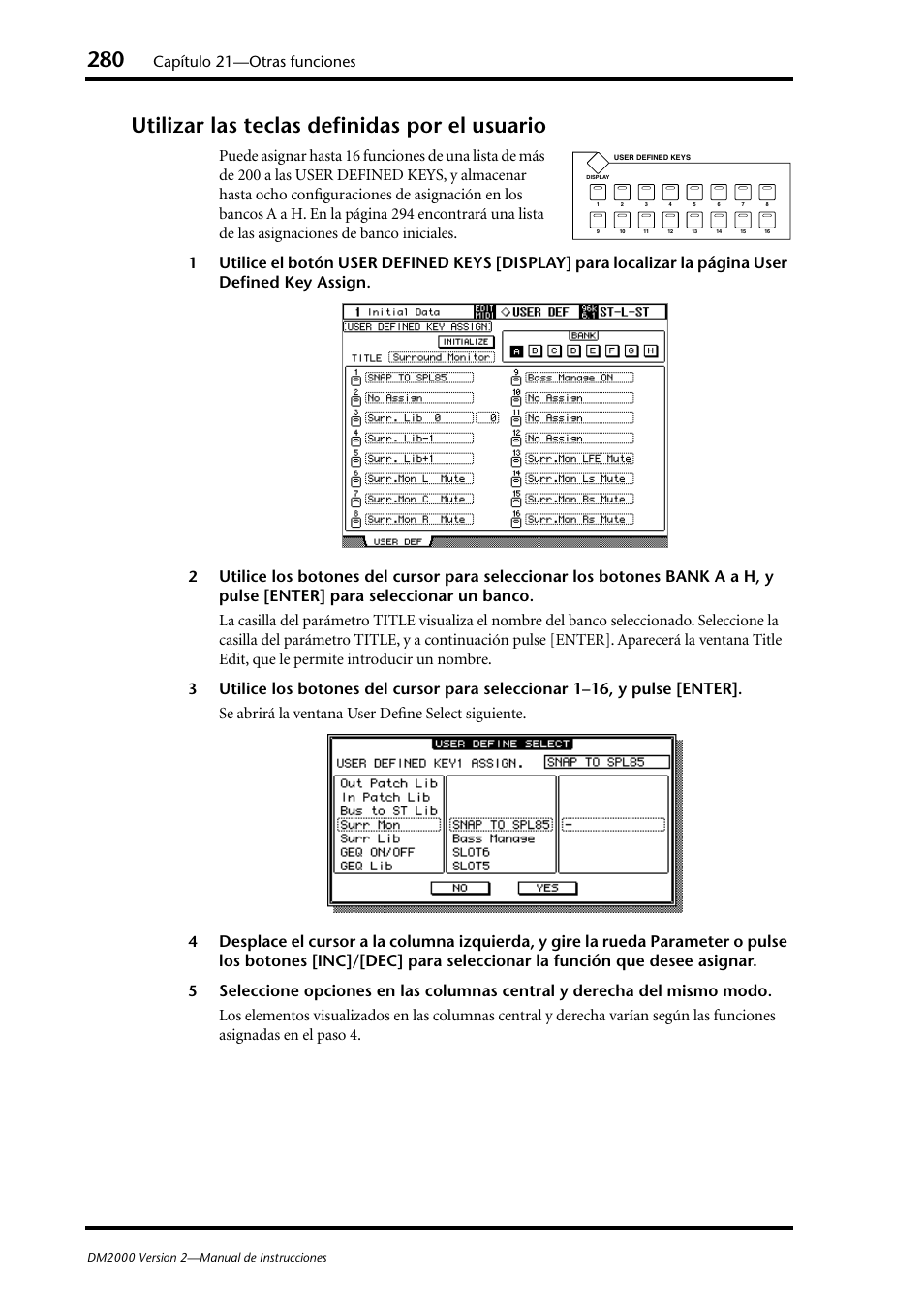 Utilizar las teclas definidas por el usuario, Capítulo 21—otras funciones | Yamaha DM 2000 User Manual | Page 280 / 410