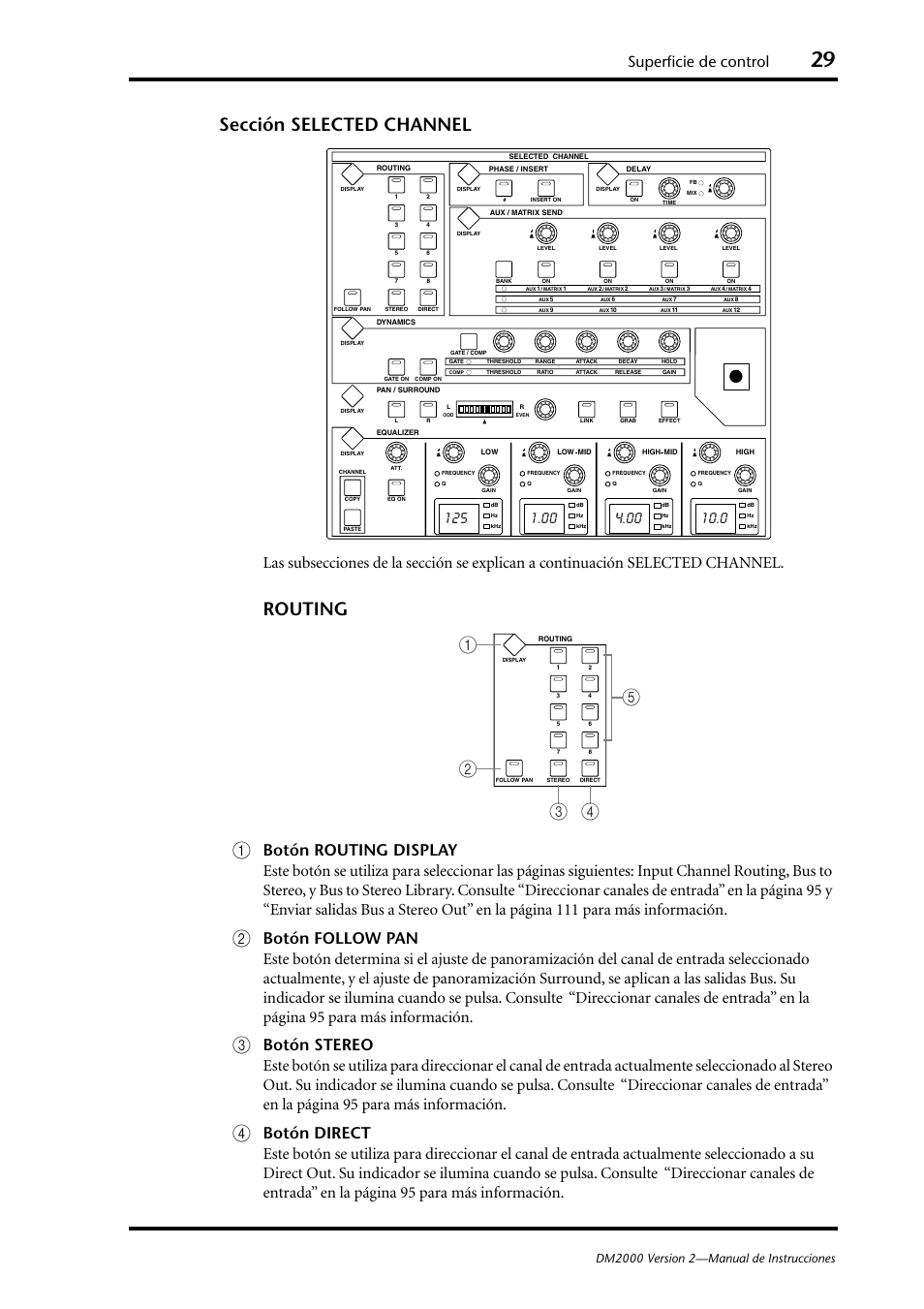 Sección selected channel (p. 29), Sección selected channel, Routing a | Superficie de control | Yamaha DM 2000 User Manual | Page 29 / 410
