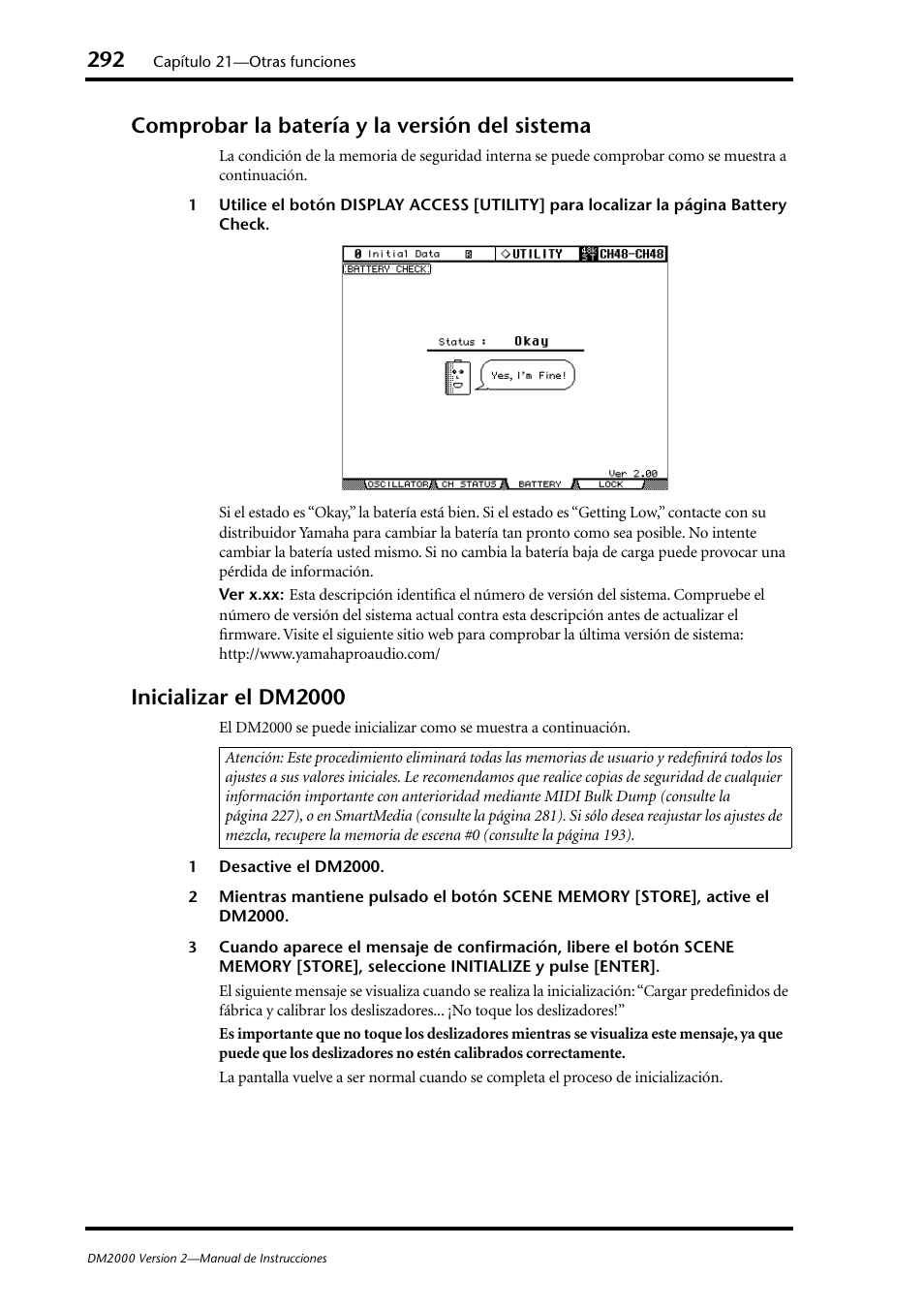 Comprobar la batería y la versión del sistema, Inicializar el dm2000 | Yamaha DM 2000 User Manual | Page 292 / 410