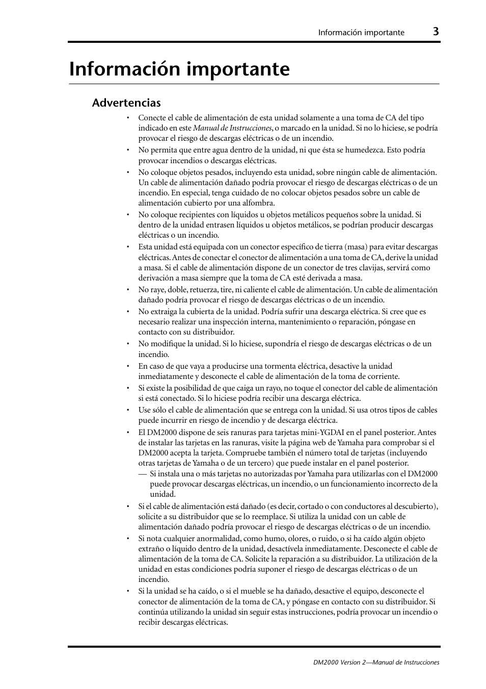 Información importante, Advertencias | Yamaha DM 2000 User Manual | Page 3 / 410