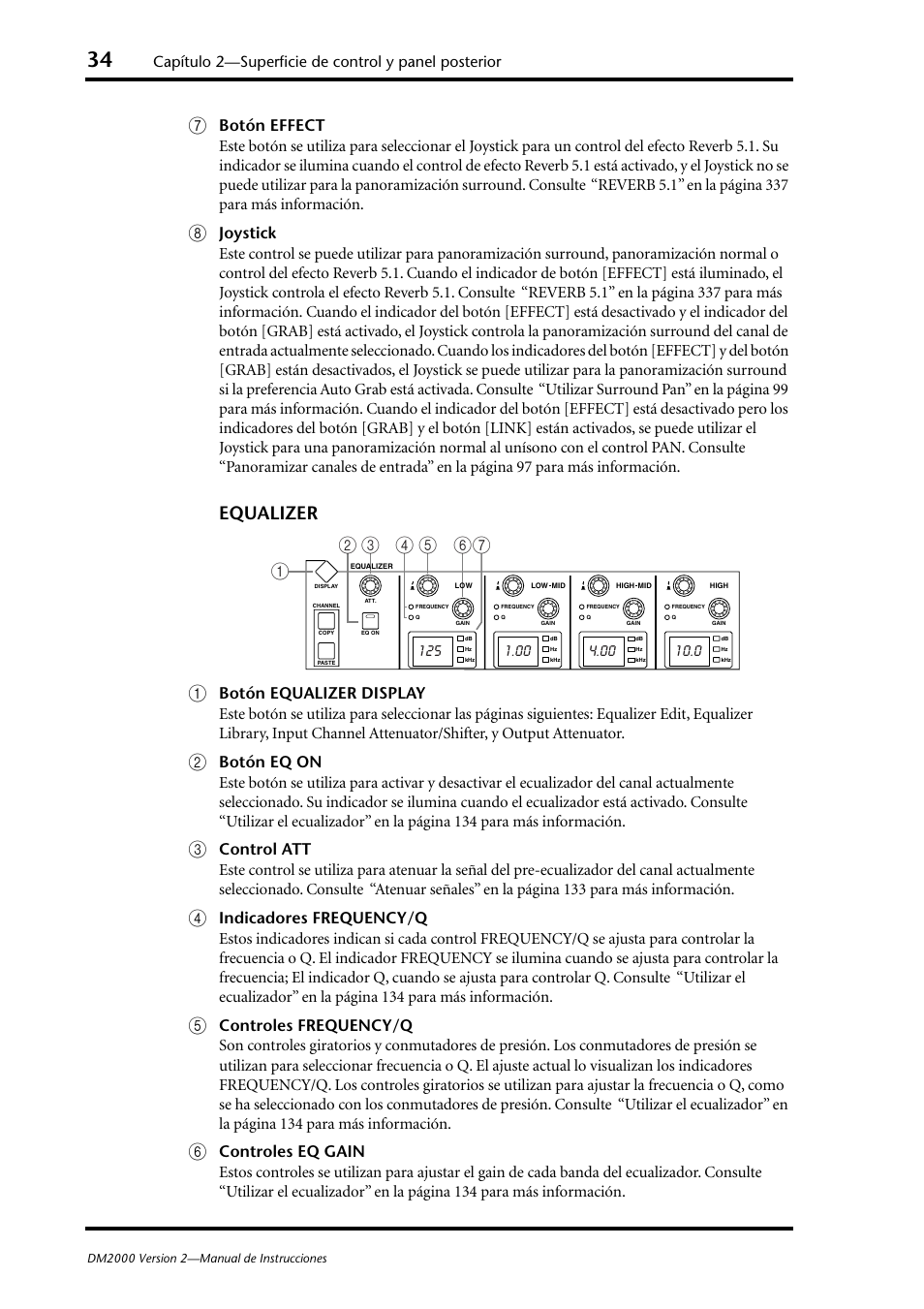 Equalizer a, Capítulo 2—superficie de control y panel posterior | Yamaha DM 2000 User Manual | Page 34 / 410
