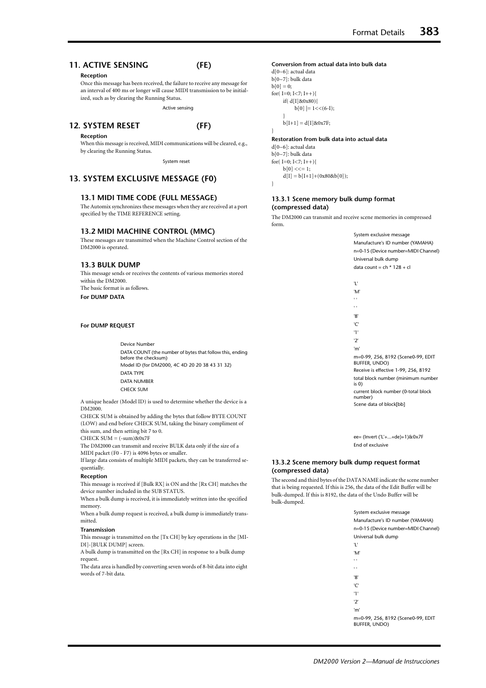 Format details, Active sensing (fe), System reset (ff) | System exclusive message (f0) | Yamaha DM 2000 User Manual | Page 383 / 410