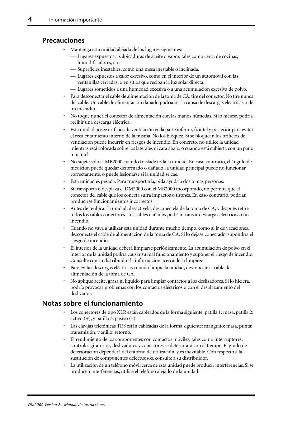 Precauciones, Notas sobre el funcionamiento | Yamaha DM 2000 User Manual | Page 4 / 410