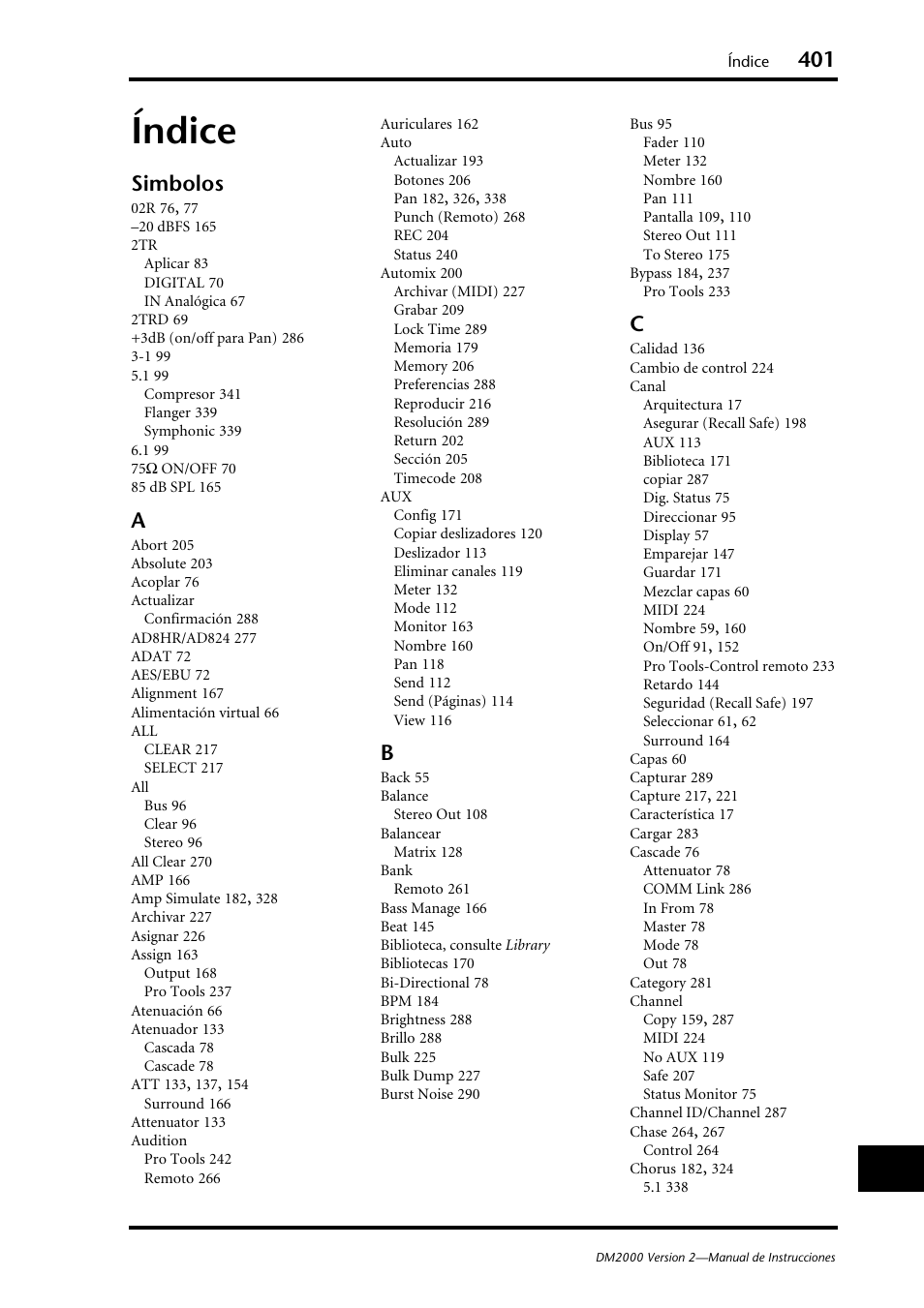 Índice, Simbolos | Yamaha DM 2000 User Manual | Page 401 / 410