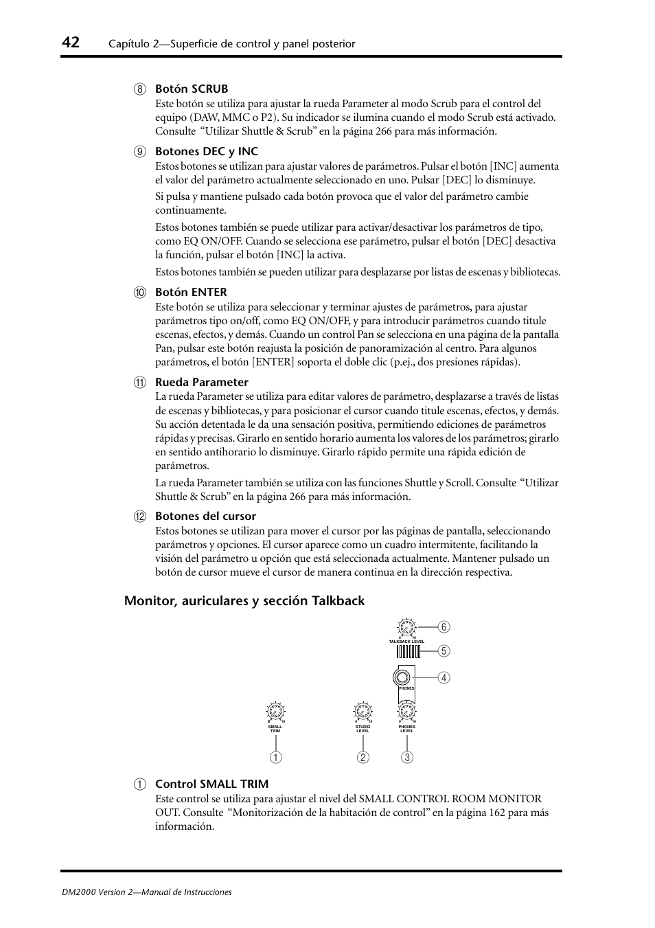 Monitor, Auriculares, Y sección t | Alkback, P. 42), Monitor, auriculares y sección talkback a | Yamaha DM 2000 User Manual | Page 42 / 410