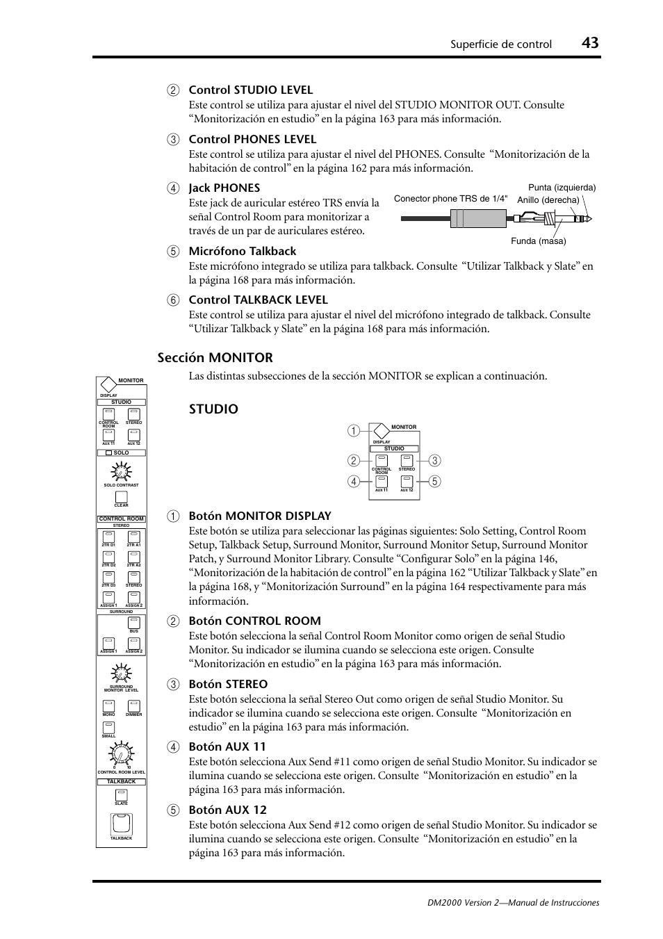 Sección moni, Tor (p. 43), Sección monitor | Studio a, Superficie de control | Yamaha DM 2000 User Manual | Page 43 / 410