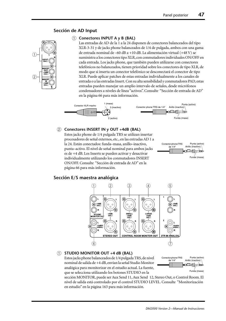 Sección de ad input (p. 47), Sección e/s maestra analógica (p. 47), Sección de ad input a | Sección e/s maestra analógica a | Yamaha DM 2000 User Manual | Page 47 / 410