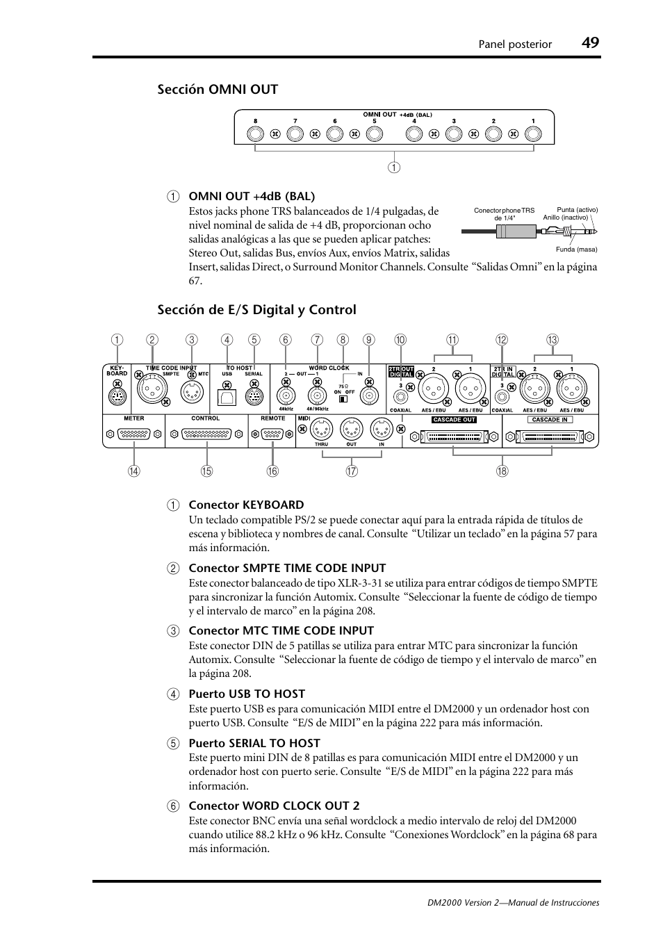 Sección omni out (p. 49), Sección de e/s digital y control (p. 49) | Yamaha DM 2000 User Manual | Page 49 / 410