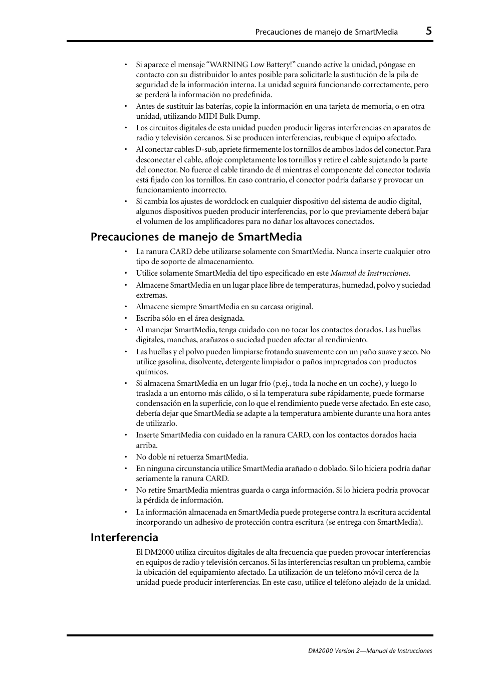 Precauciones de manejo de smartmedia, Interferencia | Yamaha DM 2000 User Manual | Page 5 / 410