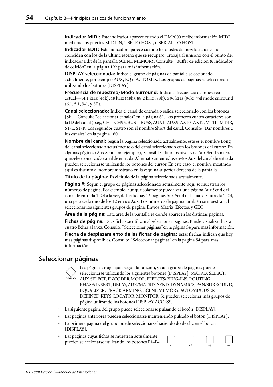 Indicador edit, Display, Seleccionada | Canal seleccionado, Frecuencia de muestreo/modo surround, Nombre del canal, Seleccionar páginas | Yamaha DM 2000 User Manual | Page 54 / 410