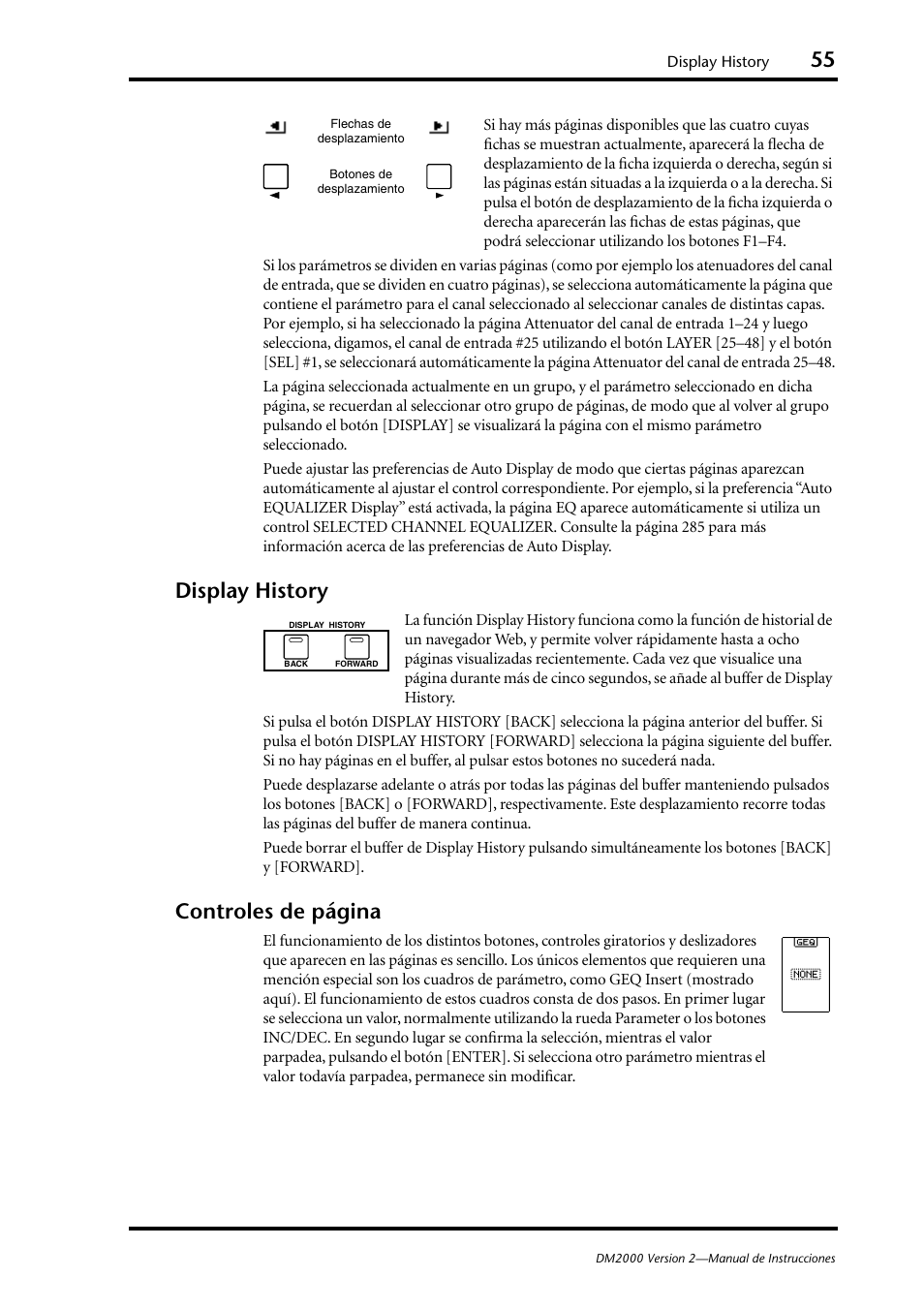 Display history, Controles de página | Yamaha DM 2000 User Manual | Page 55 / 410