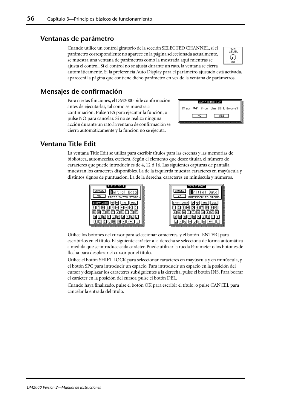 Ventanas de parámetro, Mensajes de confirmación, Ventana title edit | Yamaha DM 2000 User Manual | Page 56 / 410