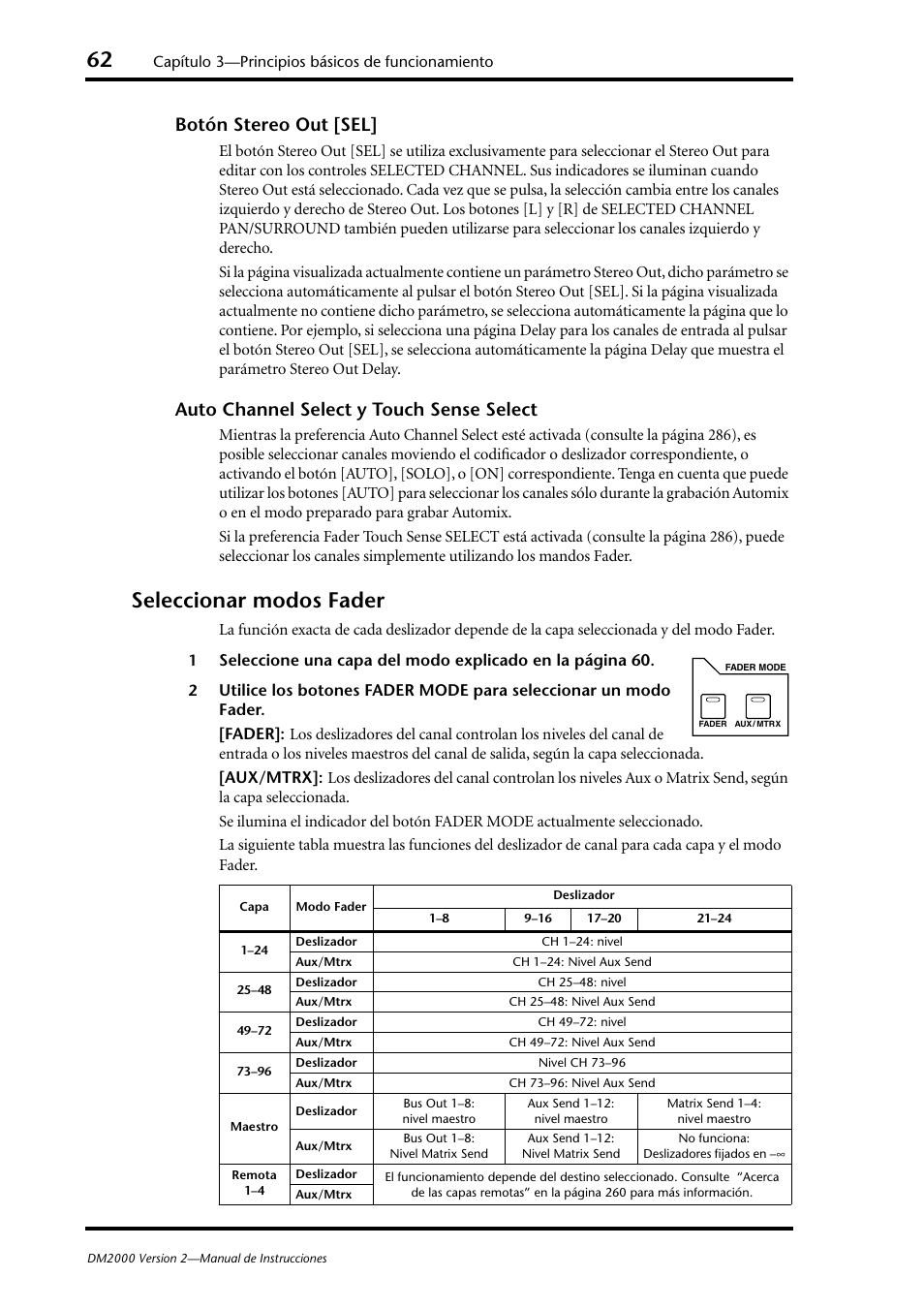 Seleccionar modos fader, Botón stereo out [sel, Auto channel select y touch sense select | Yamaha DM 2000 User Manual | Page 62 / 410