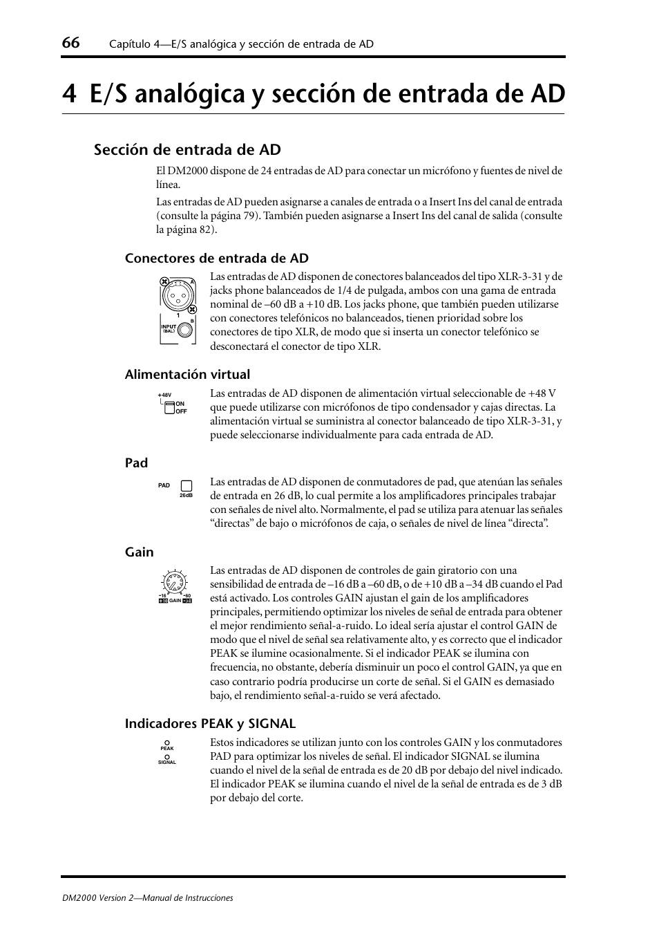 4 e/s analógica y sección de entrada de ad, Sección de entrada de ad, E/s analógica y sección de entrada de ad | Conectores de entrada de ad, Alimentación virtual, Gain, Indicadores peak y signal | Yamaha DM 2000 User Manual | Page 66 / 410