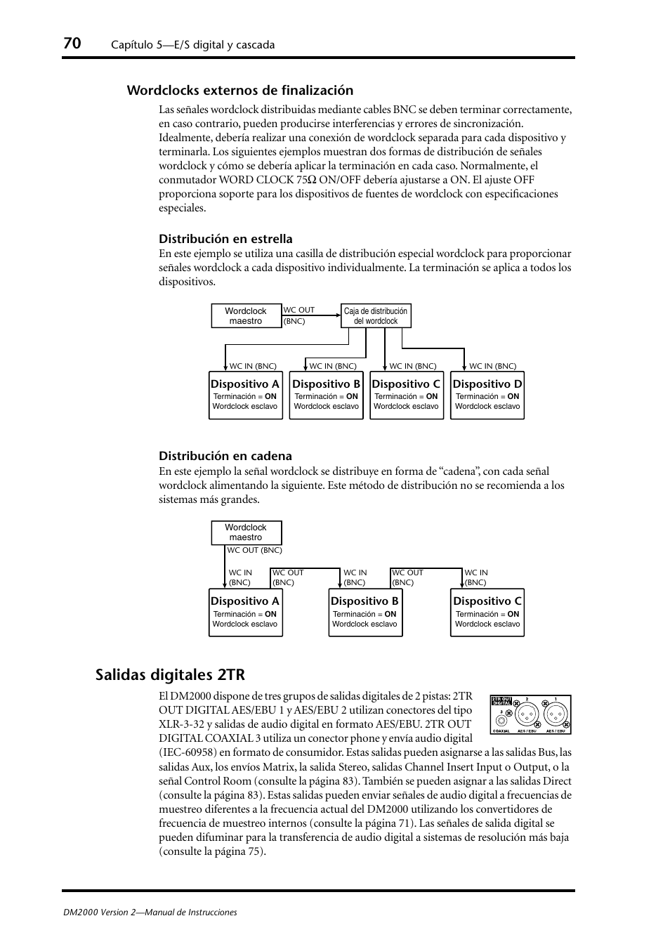 Salidas digitales 2tr, Consulte “wordclocks, Wordclocks externos de finalización | Distribución en estrella, Distribución en cadena | Yamaha DM 2000 User Manual | Page 70 / 410