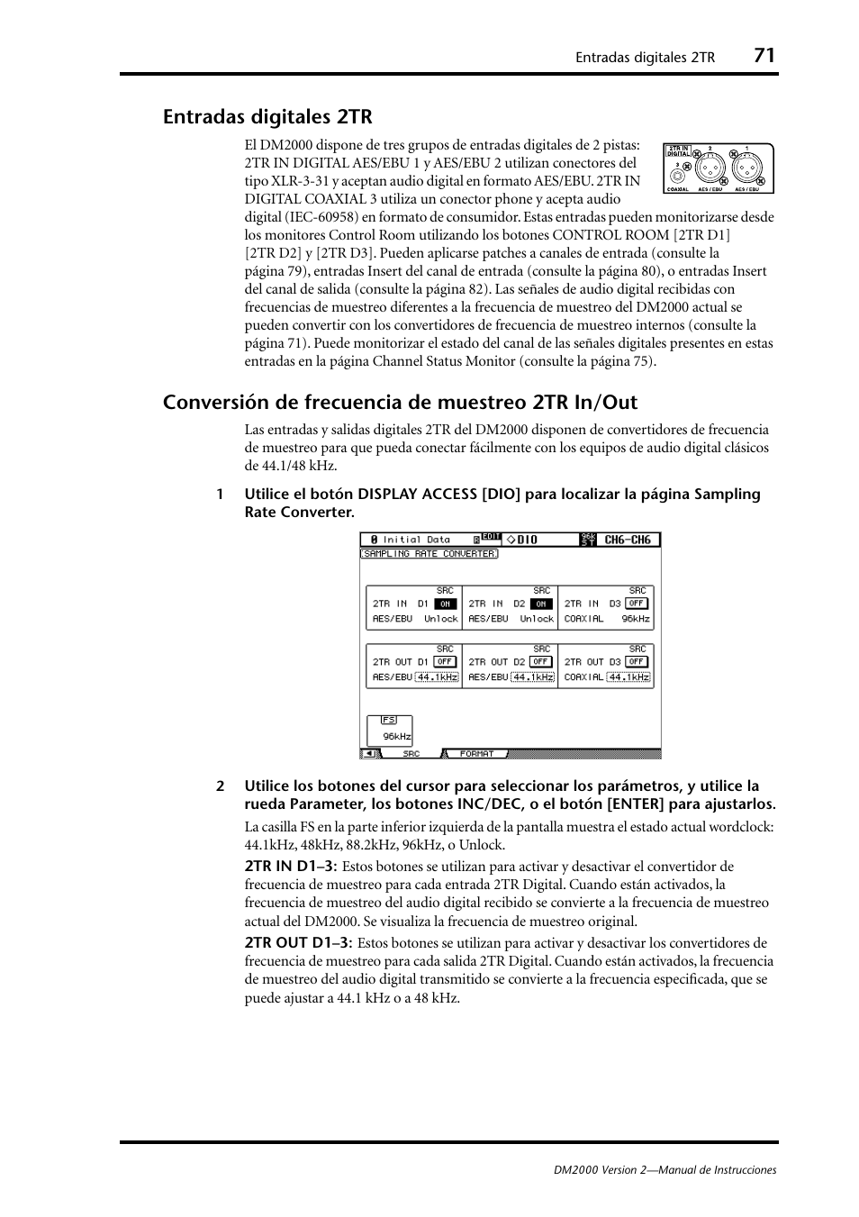 Entradas digitales 2tr, Conversión de frecuencia de muestreo 2tr in/out | Yamaha DM 2000 User Manual | Page 71 / 410