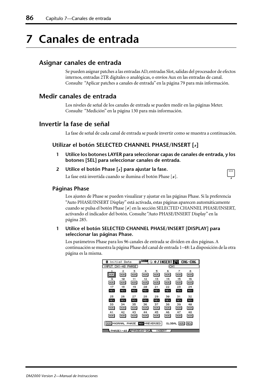 7 canales de entrada, Asignar canales de entrada, Medir canales de entrada | Invertir la fase de señal, Canales de entrada | Yamaha DM 2000 User Manual | Page 86 / 410