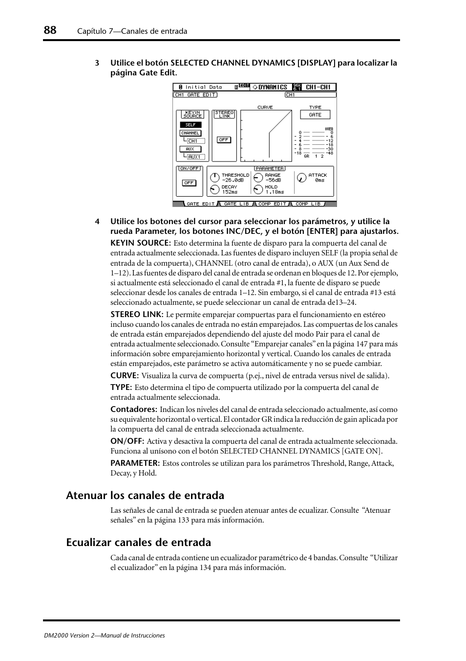 Atenuar los canales de entrada, Ecualizar canales de entrada | Yamaha DM 2000 User Manual | Page 88 / 410