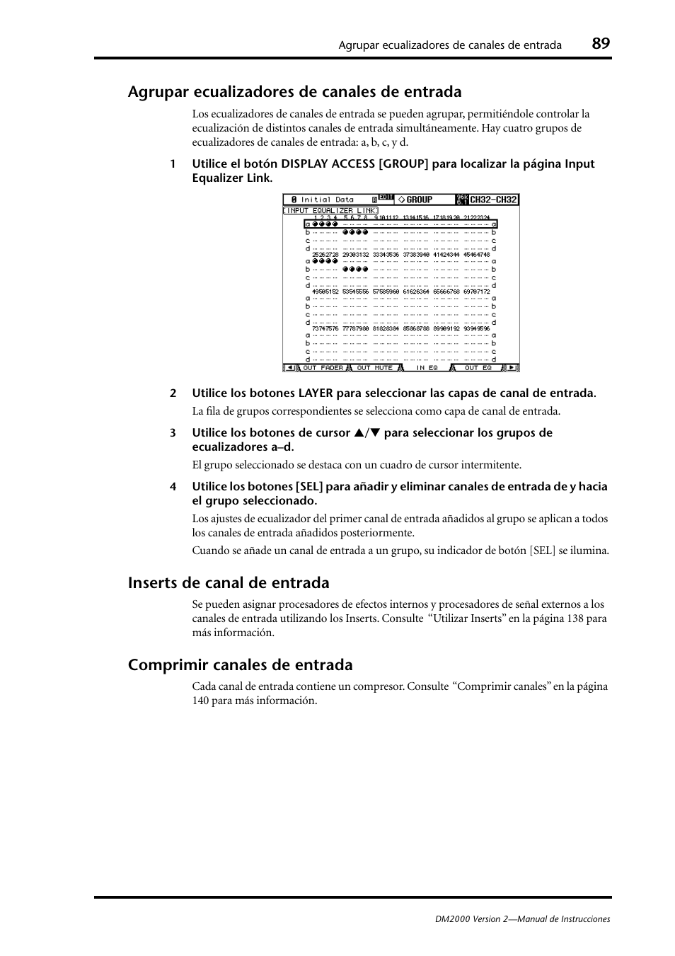 Agrupar ecualizadores de canales de entrada, Inserts de canal de entrada, Comprimir canales de entrada | Yamaha DM 2000 User Manual | Page 89 / 410
