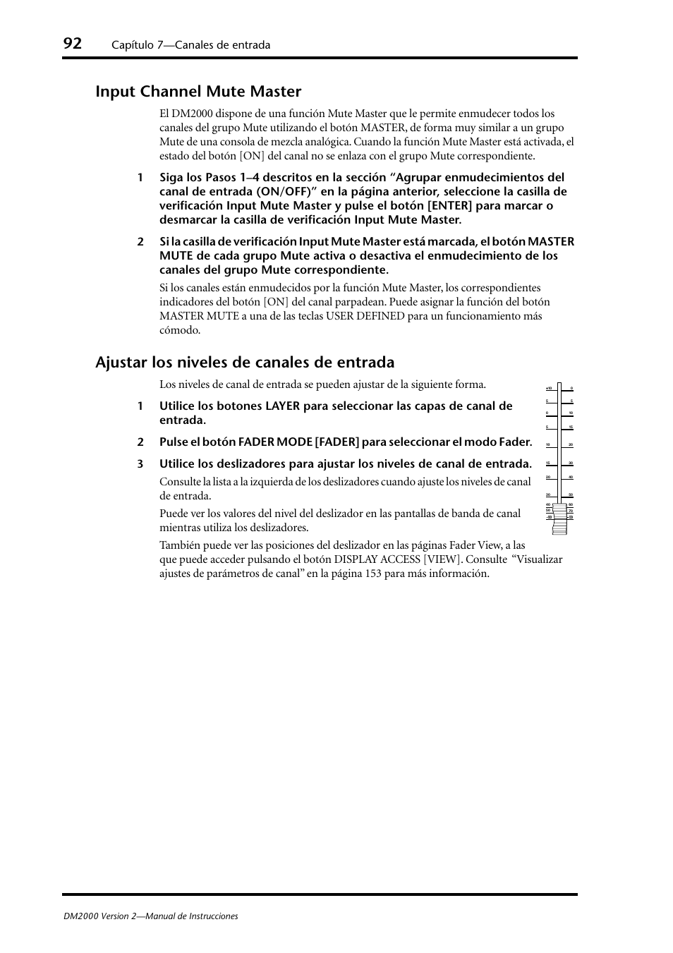 Input channel mute master, Ajustar los niveles de canales de entrada, Capítulo 7—canales de entrada | Yamaha DM 2000 User Manual | Page 92 / 410