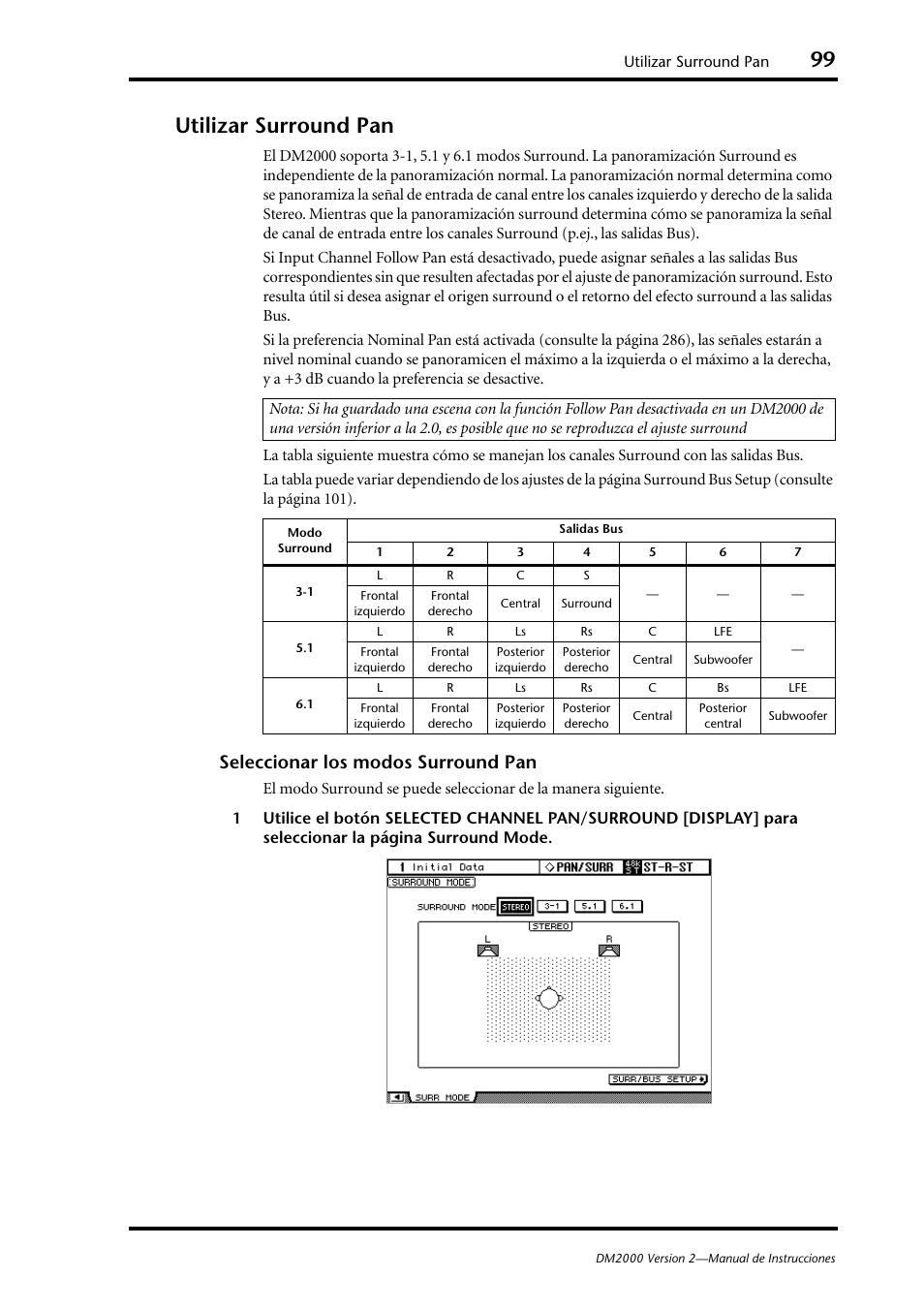 Utilizar surround pan, Seleccionar los modos surround pan | Yamaha DM 2000 User Manual | Page 99 / 410