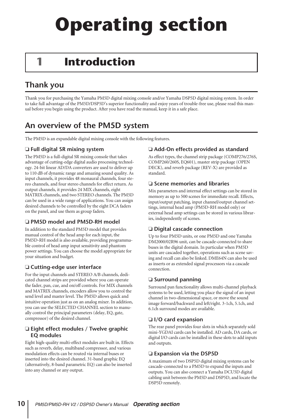Operating section, Introduction, Thank you | An overview of the pm5d system, Table of contents — operating section, Thank you an overview of the pm5d system, 1introduction | Yamaha DSP5D User Manual | Page 10 / 409