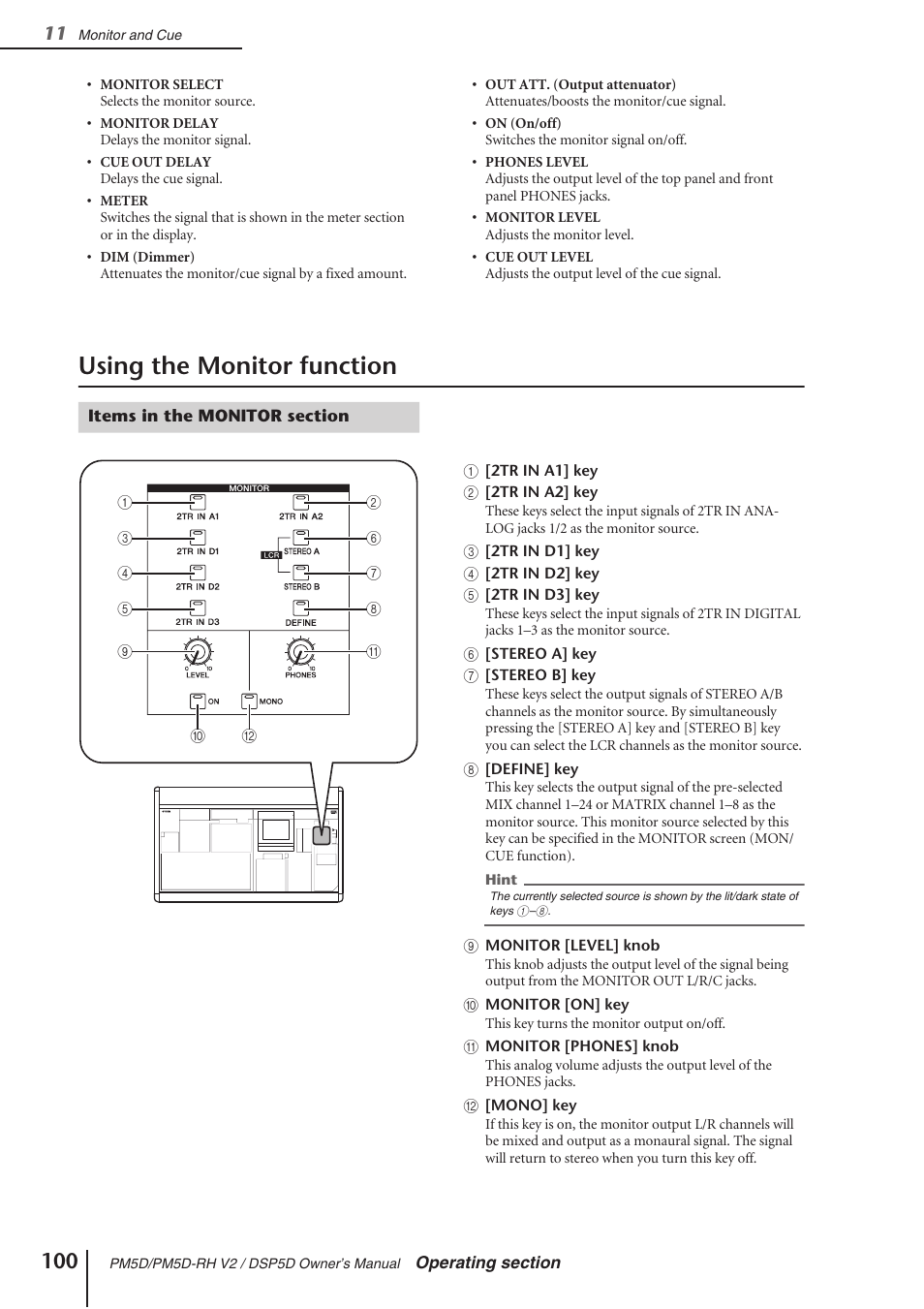 Using the monitor function, Items in the monitor section | Yamaha DSP5D User Manual | Page 100 / 409