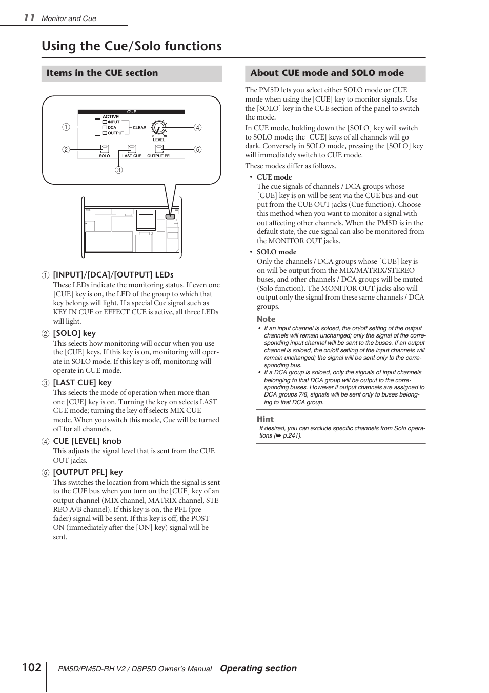 Using the cue/solo functions, Items in the cue section, About cue mode and solo mode | Yamaha DSP5D User Manual | Page 102 / 409