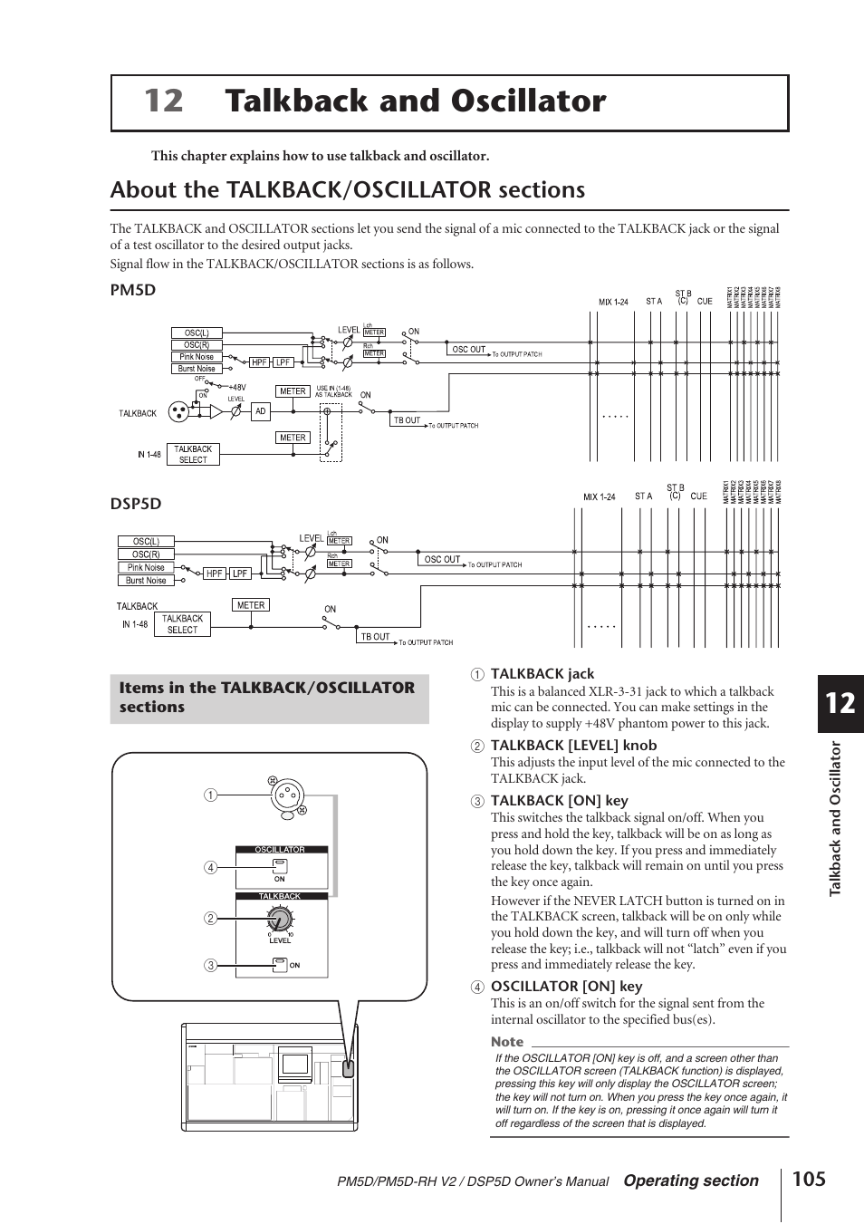 Talkback and oscillator, About the talkback/oscillator sections, Items in the talkback/oscillator sections | P.105), 12 talkback and oscillator | Yamaha DSP5D User Manual | Page 105 / 409