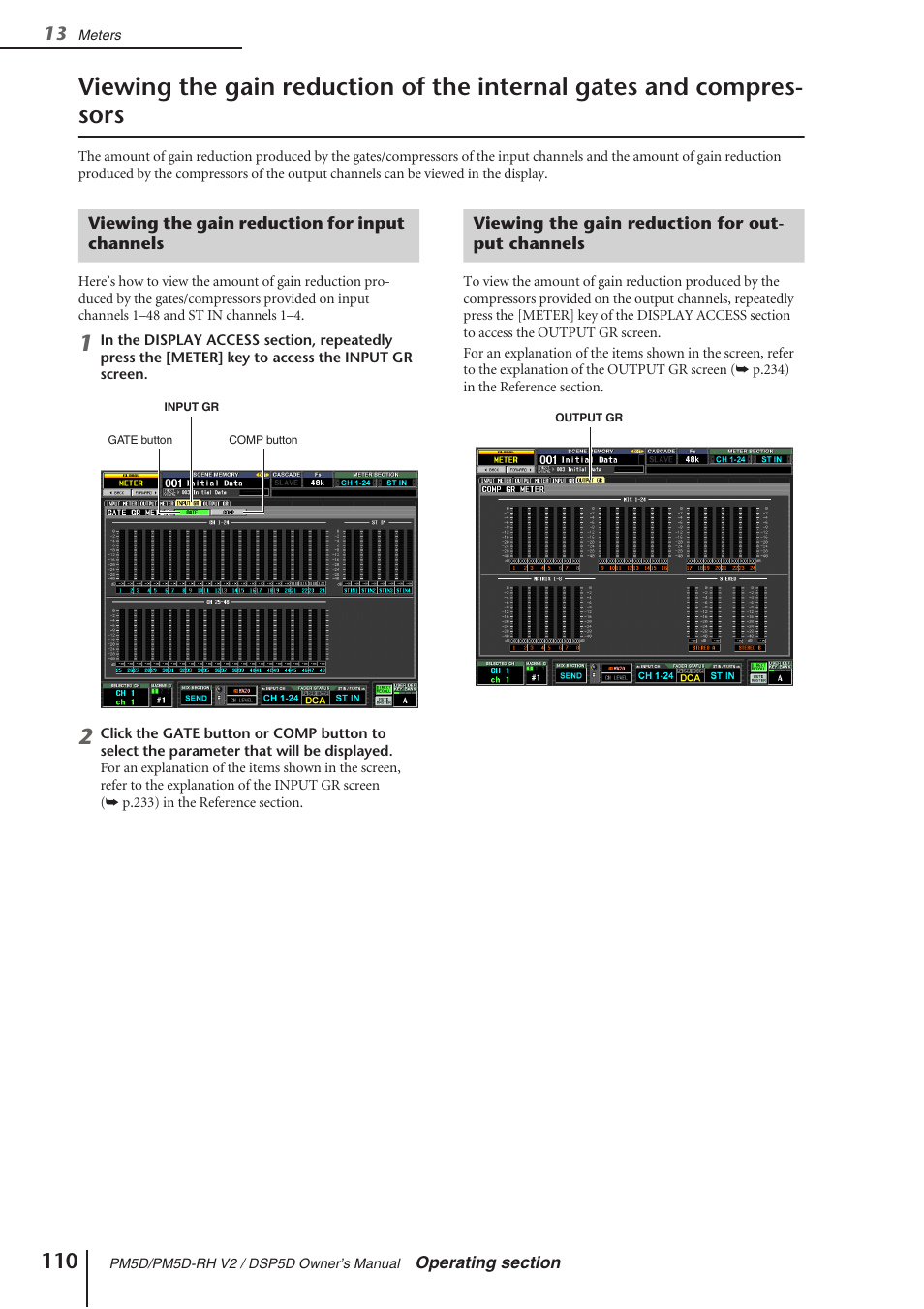 Viewing the gain reduction for input channels, Viewing the gain reduction for output channels, Compressors | Yamaha DSP5D User Manual | Page 110 / 409
