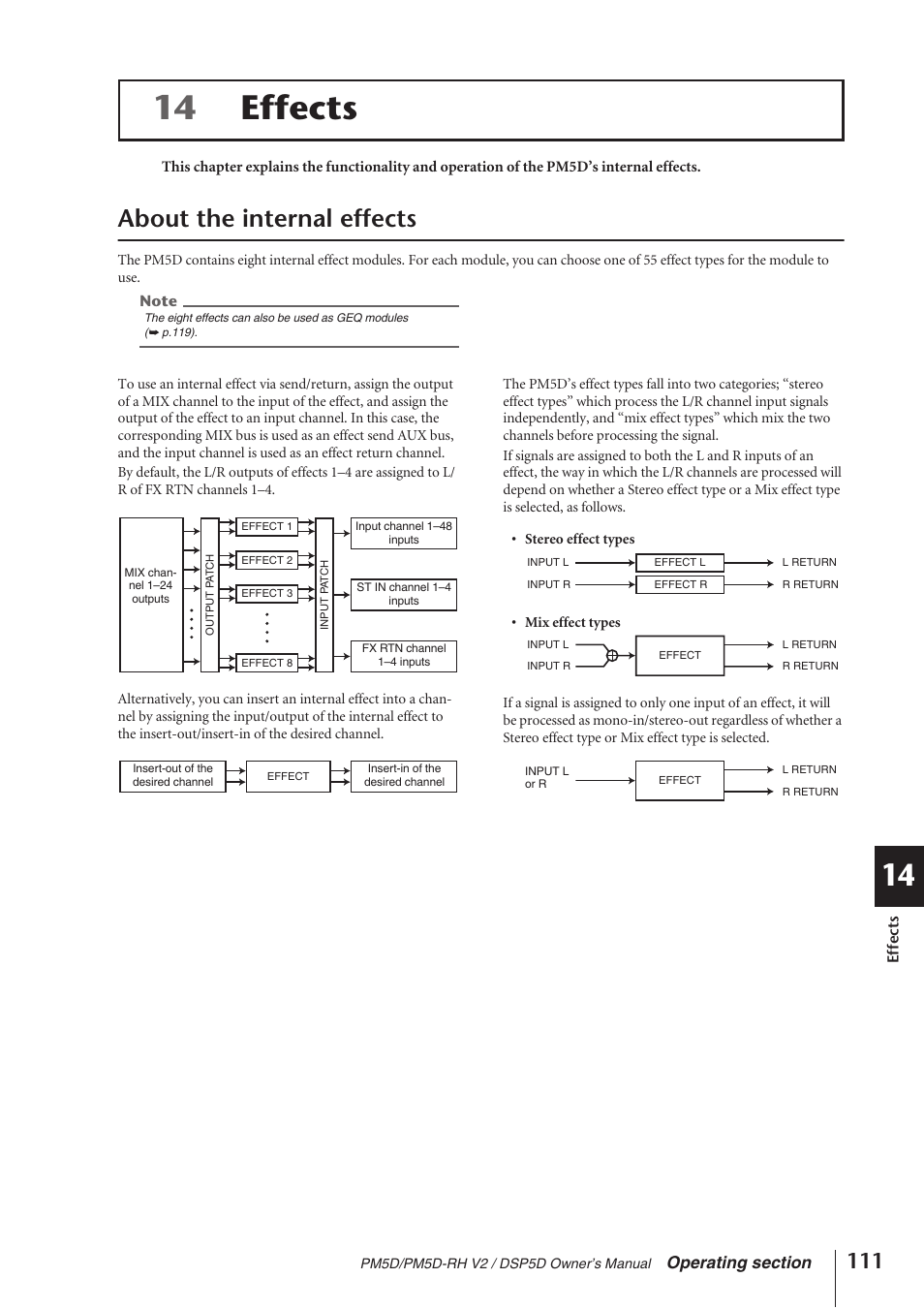 Effects, About the internal effects, 14 effects | Yamaha DSP5D User Manual | Page 111 / 409