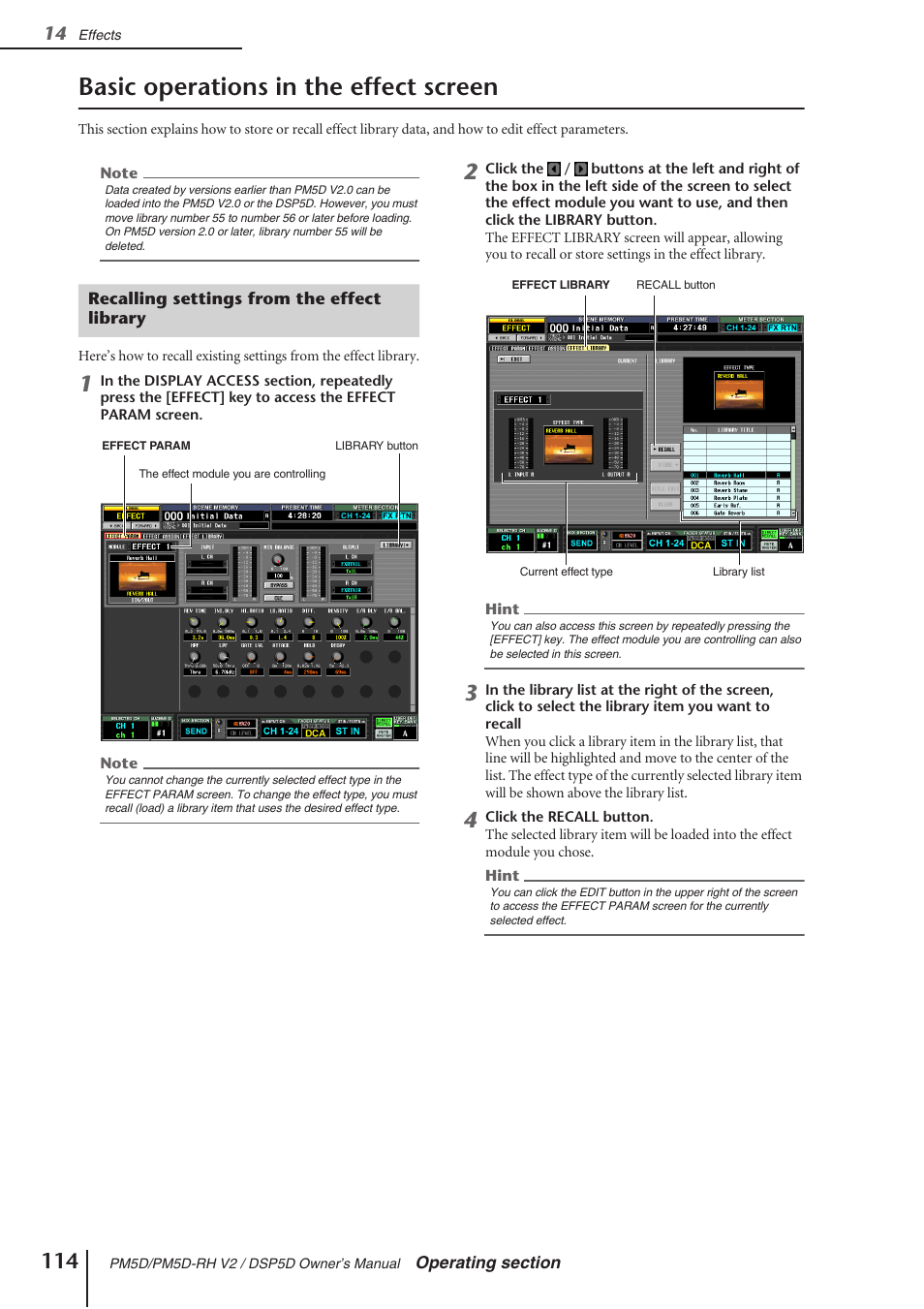 Basic operations in the effect screen, Recalling settings from the effect library | Yamaha DSP5D User Manual | Page 114 / 409