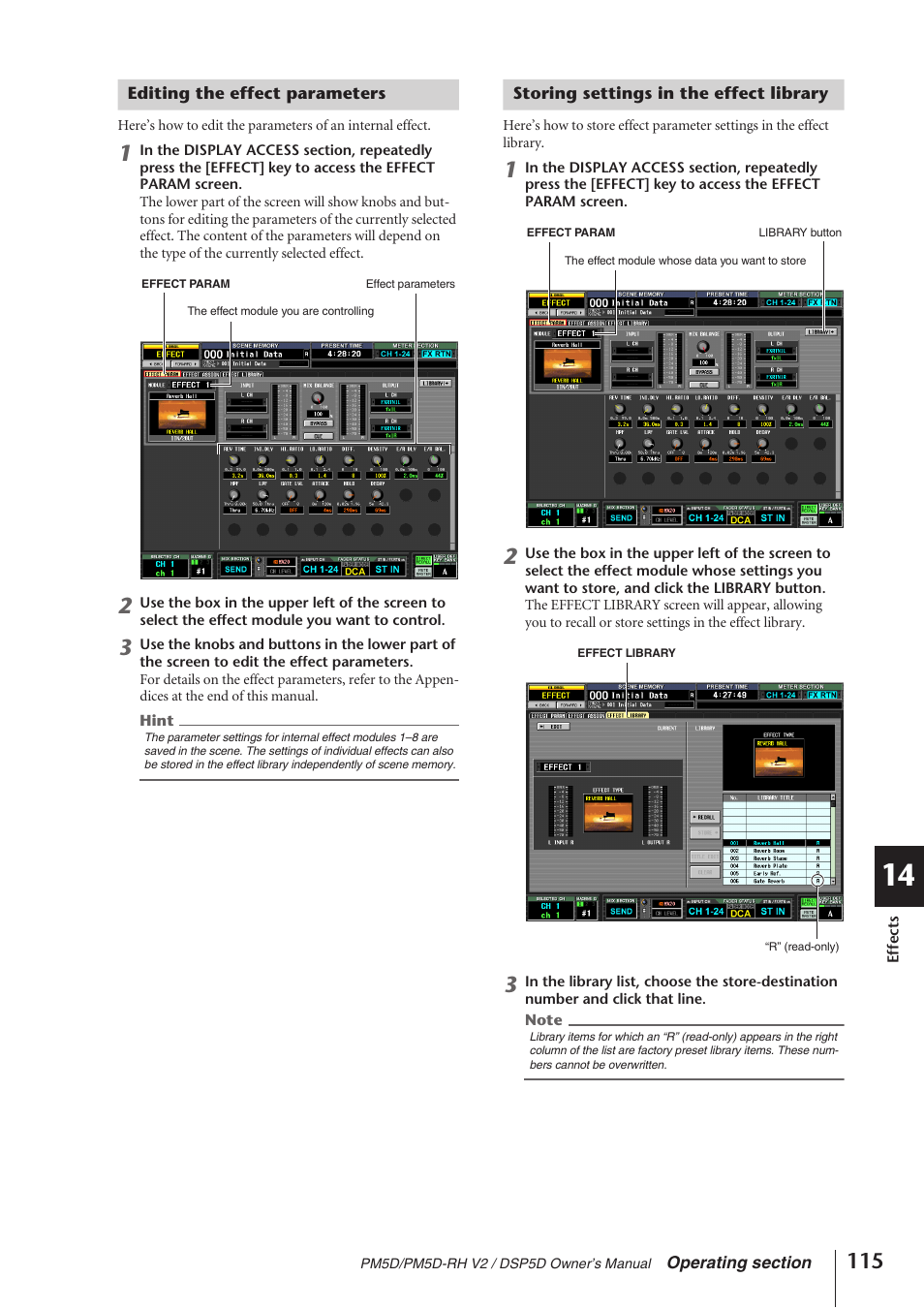 Editing the effect parameters, Storing settings in the effect library | Yamaha DSP5D User Manual | Page 115 / 409