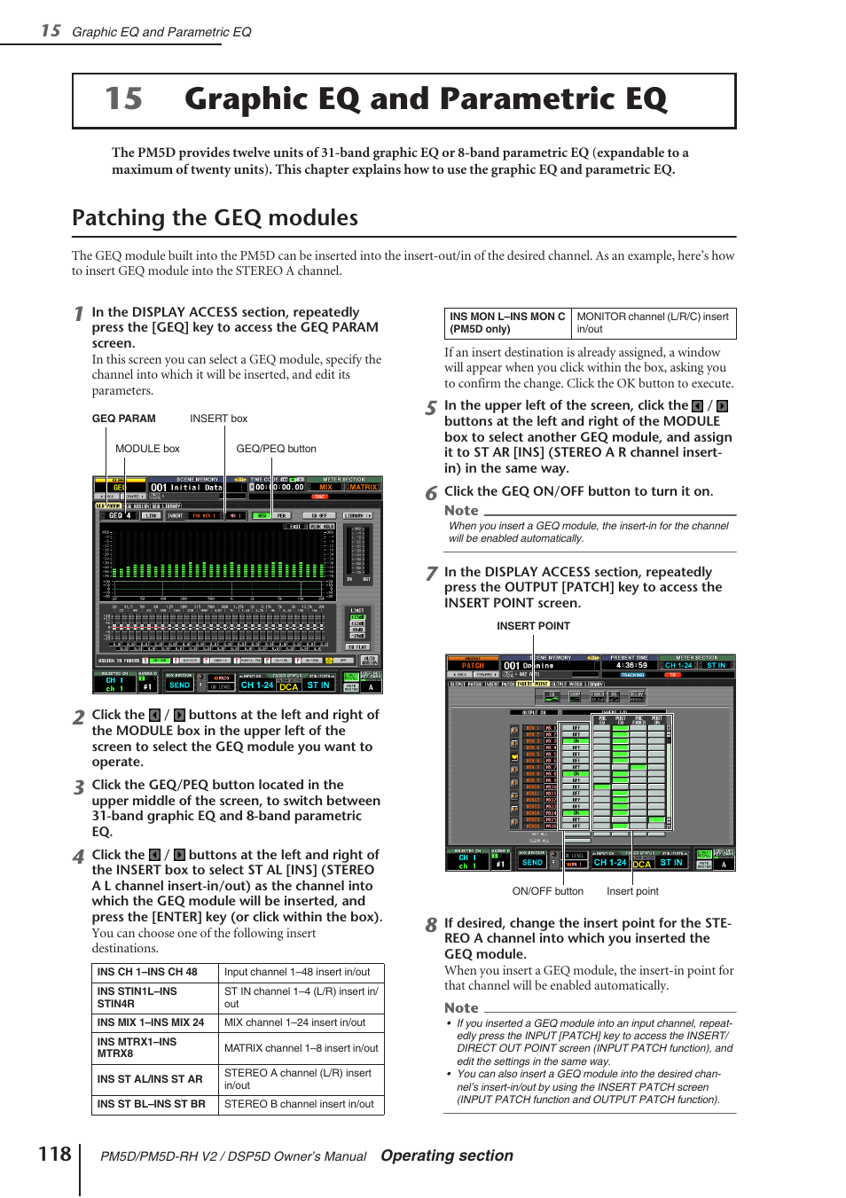 Graphic eq and parametric eq, Patching the geq modules, 15 graphic eq and parametric eq | Yamaha DSP5D User Manual | Page 118 / 409