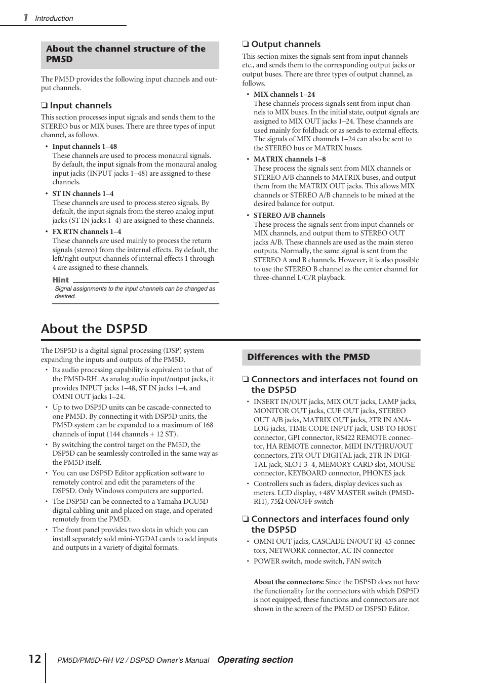 About the channel structure of the pm5d, About the dsp5d, Differences with the pm5d | Yamaha DSP5D User Manual | Page 12 / 409