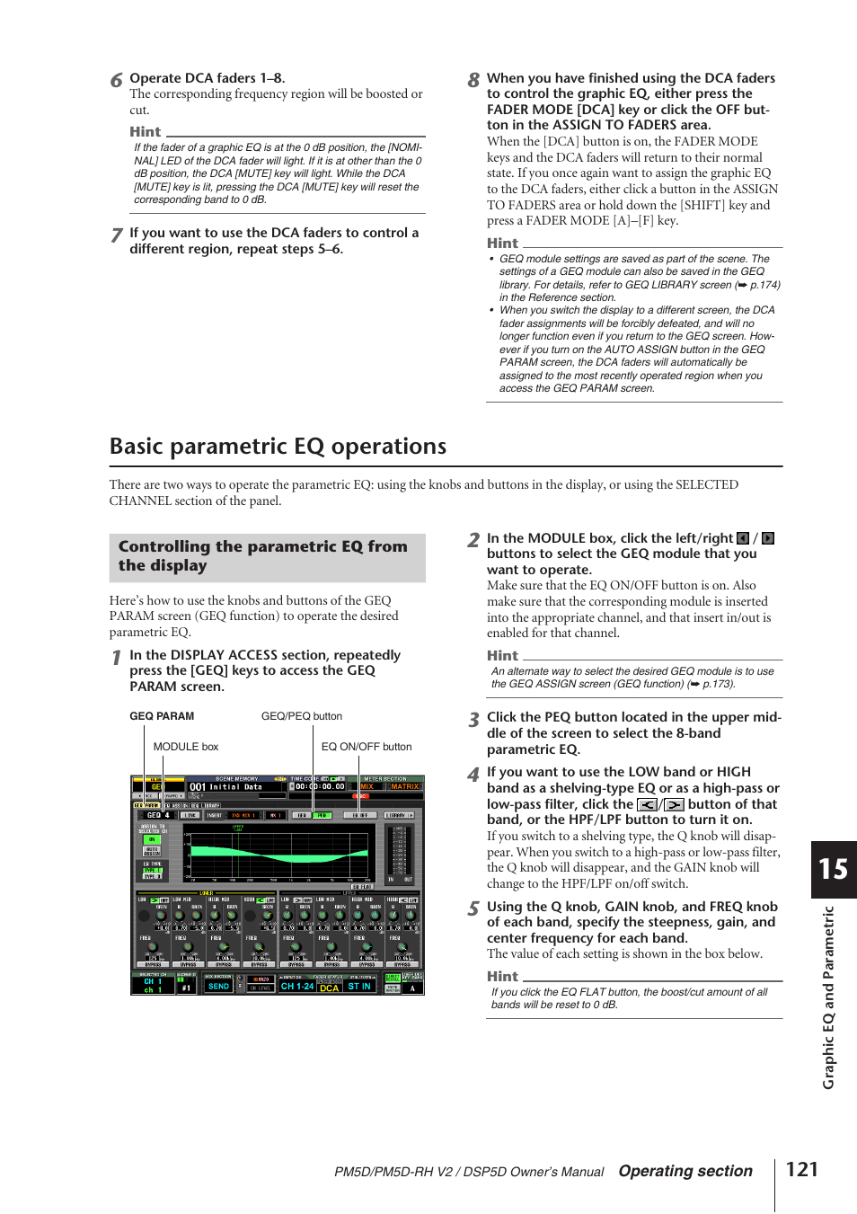 Basic parametric eq operations, Controlling the parametric eq from the display | Yamaha DSP5D User Manual | Page 121 / 409