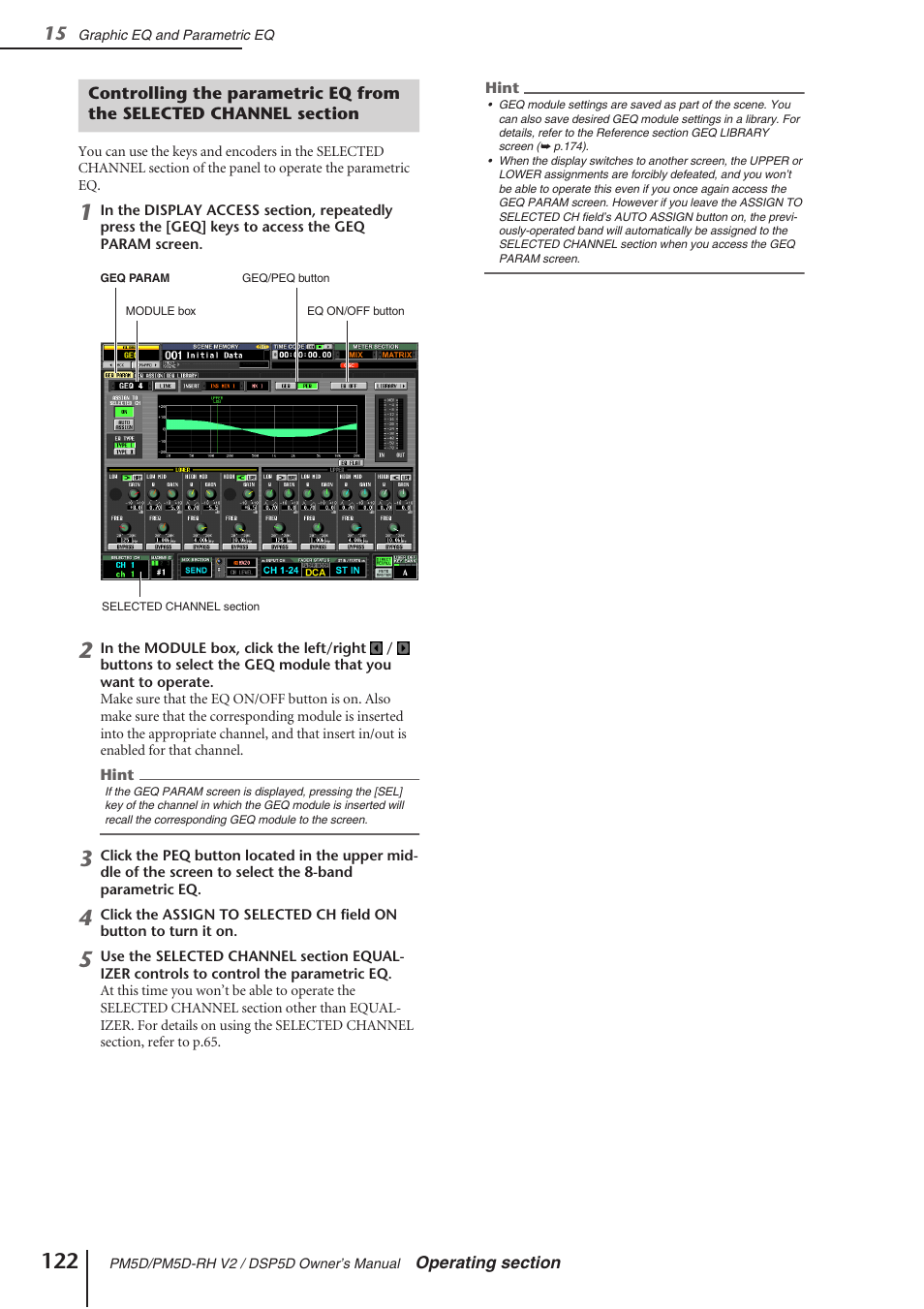 Controlling the parametric eq from the selected, Channel section | Yamaha DSP5D User Manual | Page 122 / 409