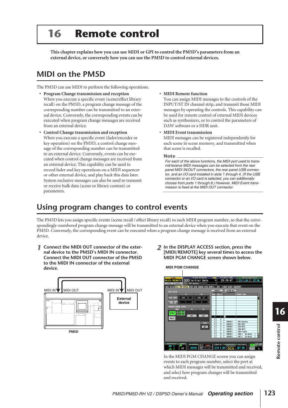 Remote control, Midi on the pm5d, Using program changes to control events | 16 remote control | Yamaha DSP5D User Manual | Page 123 / 409