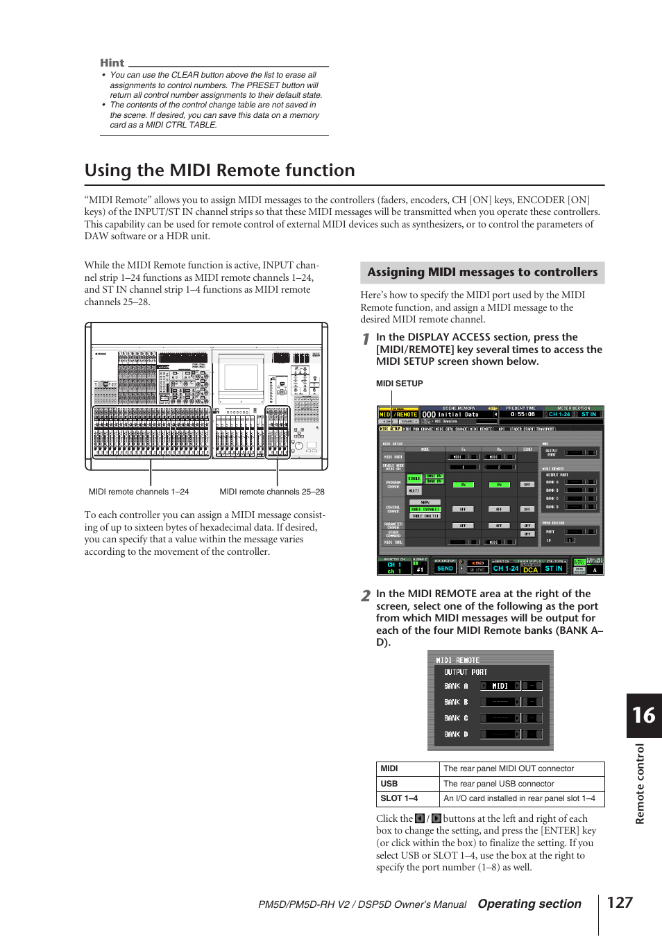 Using the midi remote function, Assigning midi messages to controllers | Yamaha DSP5D User Manual | Page 127 / 409