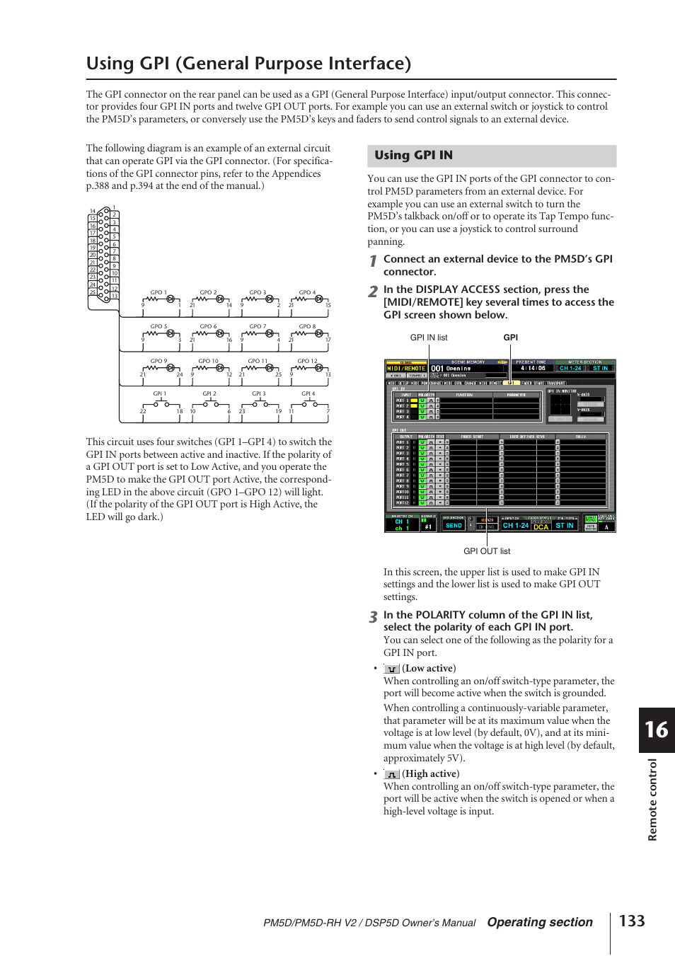 Using gpi (general purpose interface), Using gpi in, Remote control | Yamaha DSP5D User Manual | Page 133 / 409