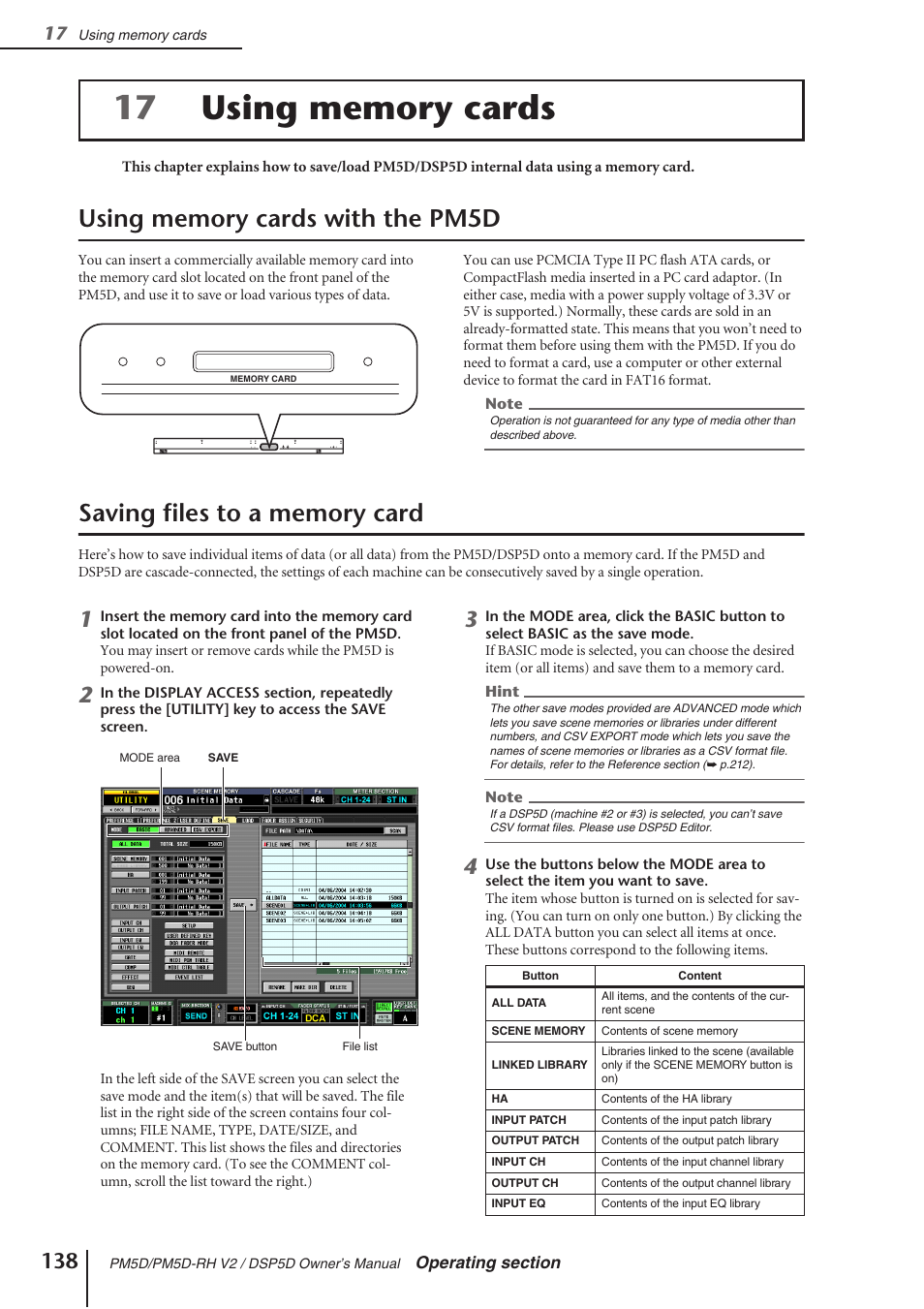 Using memory cards, Using memory cards with the pm5d, Saving files to a memory card | Yamaha DSP5D User Manual | Page 138 / 409