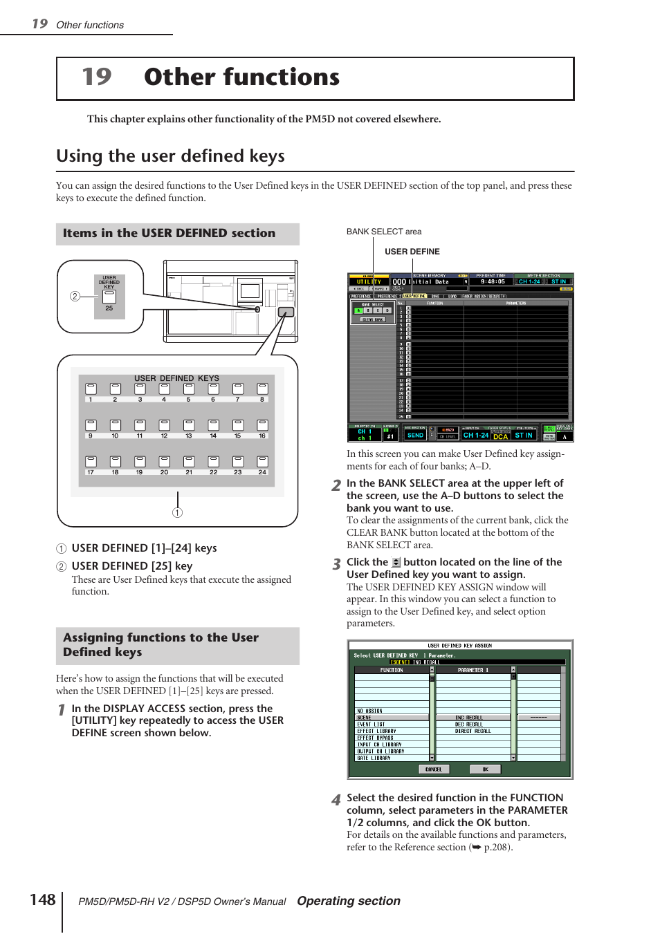 Other functions, Using the user defined keys, Items in the user defined section | Assigning functions to the user defined keys, P.148, P.148), P.148), and use, 19 other functions | Yamaha DSP5D User Manual | Page 148 / 409