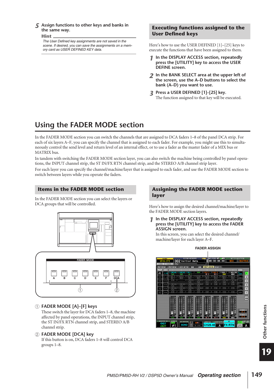 Using the fader mode section, Items in the fader mode section, Assigning the fader mode section layer | P.149), P.149), and use the fader | Yamaha DSP5D User Manual | Page 149 / 409