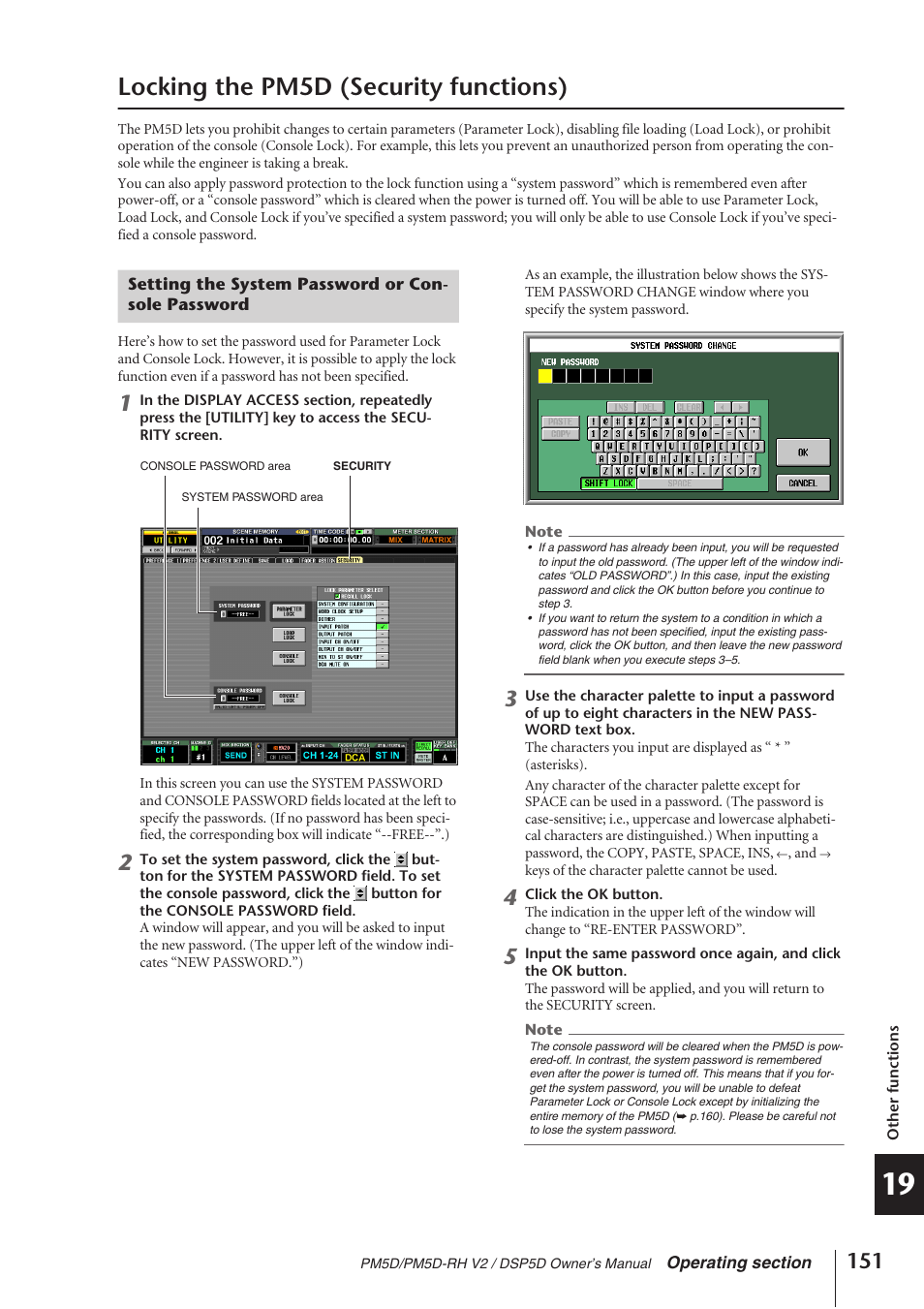 Locking the pm5d (security functions), Setting the system password or console password | Yamaha DSP5D User Manual | Page 151 / 409