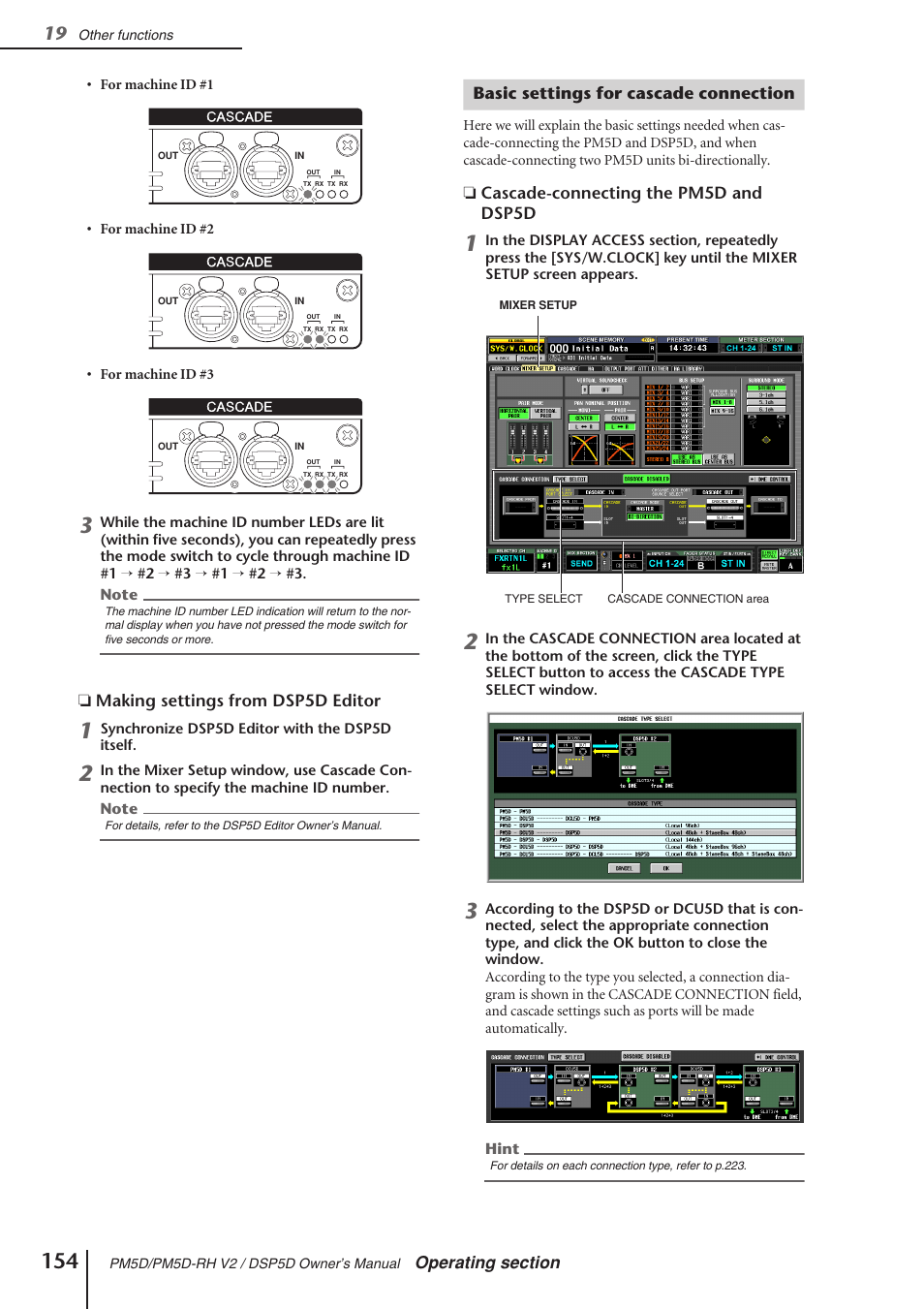 Basic settings for cascade connection, Connection settings, P.154) | Yamaha DSP5D User Manual | Page 154 / 409